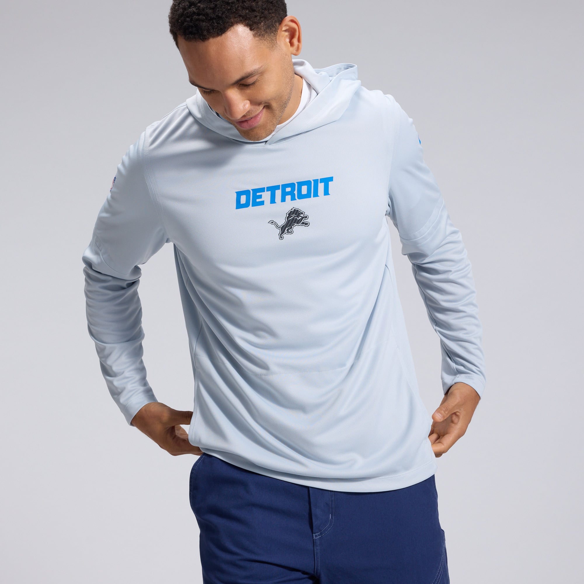 Men's Nike  Silver Detroit Lions 2026 Rivalries Collection Sideline Lightweight Hooded Long Sleeve Top