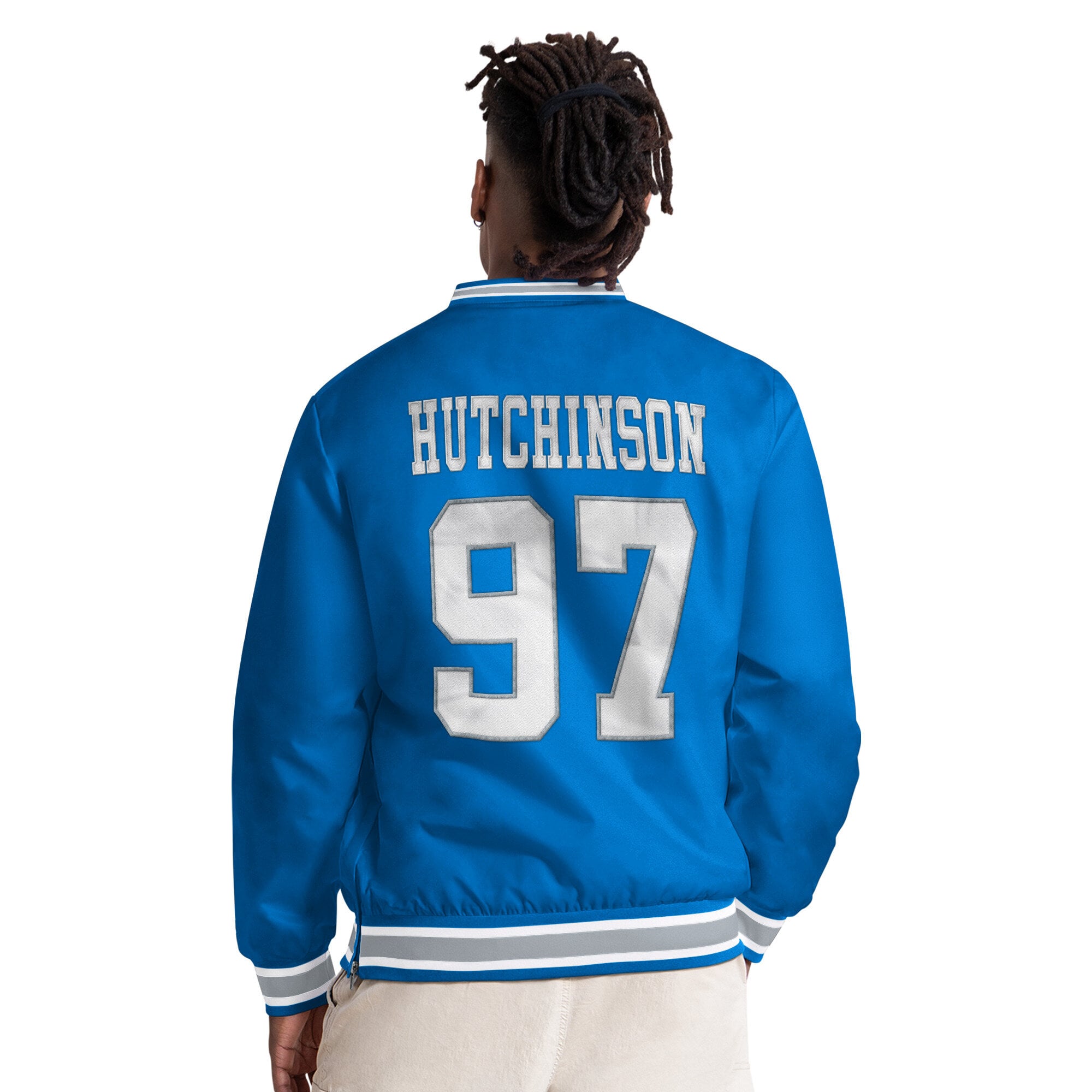 Pull à col en V Starter Aidan Hutchinson bleu Detroit Lions pour homme