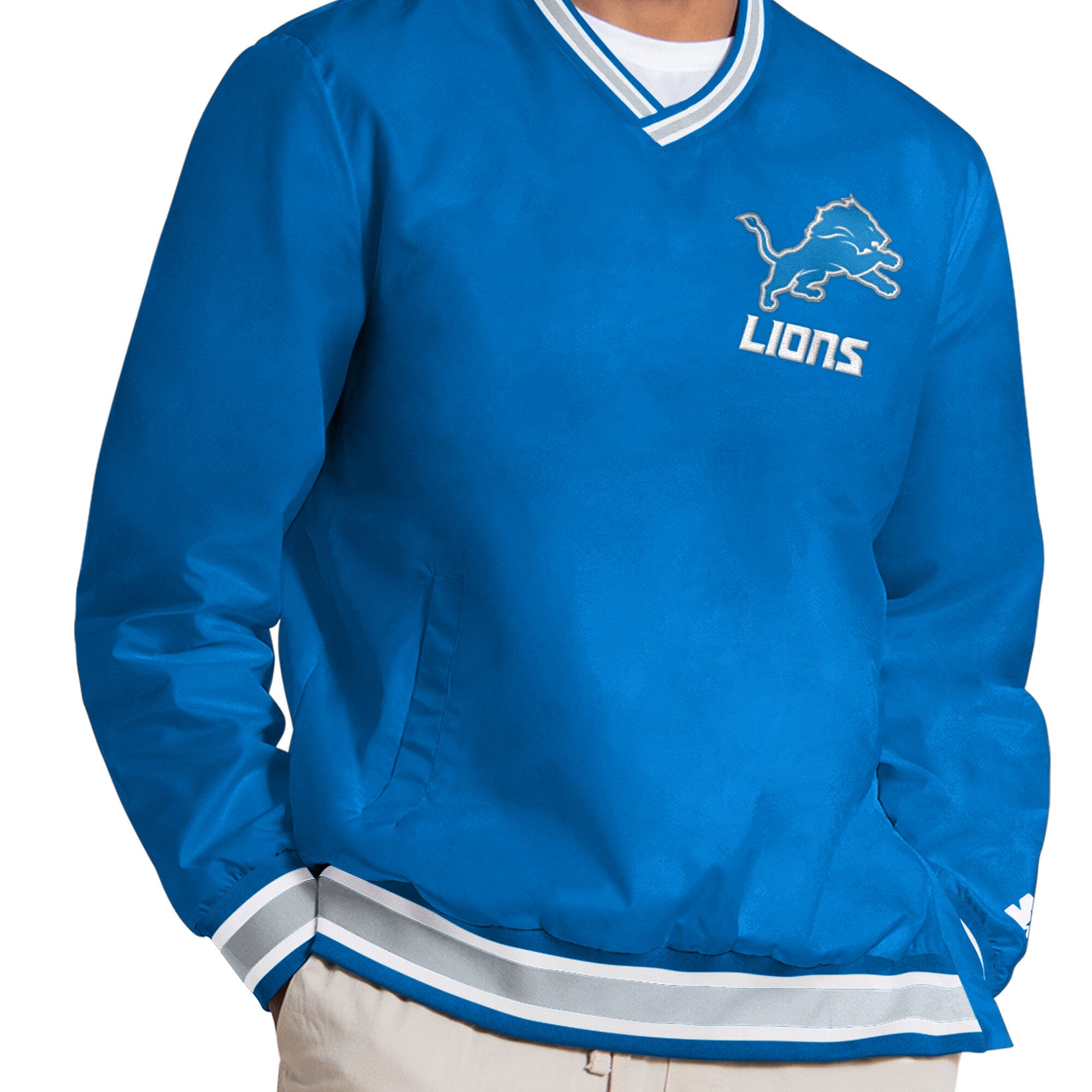 Pull à col en V Starter Aidan Hutchinson bleu Detroit Lions pour homme