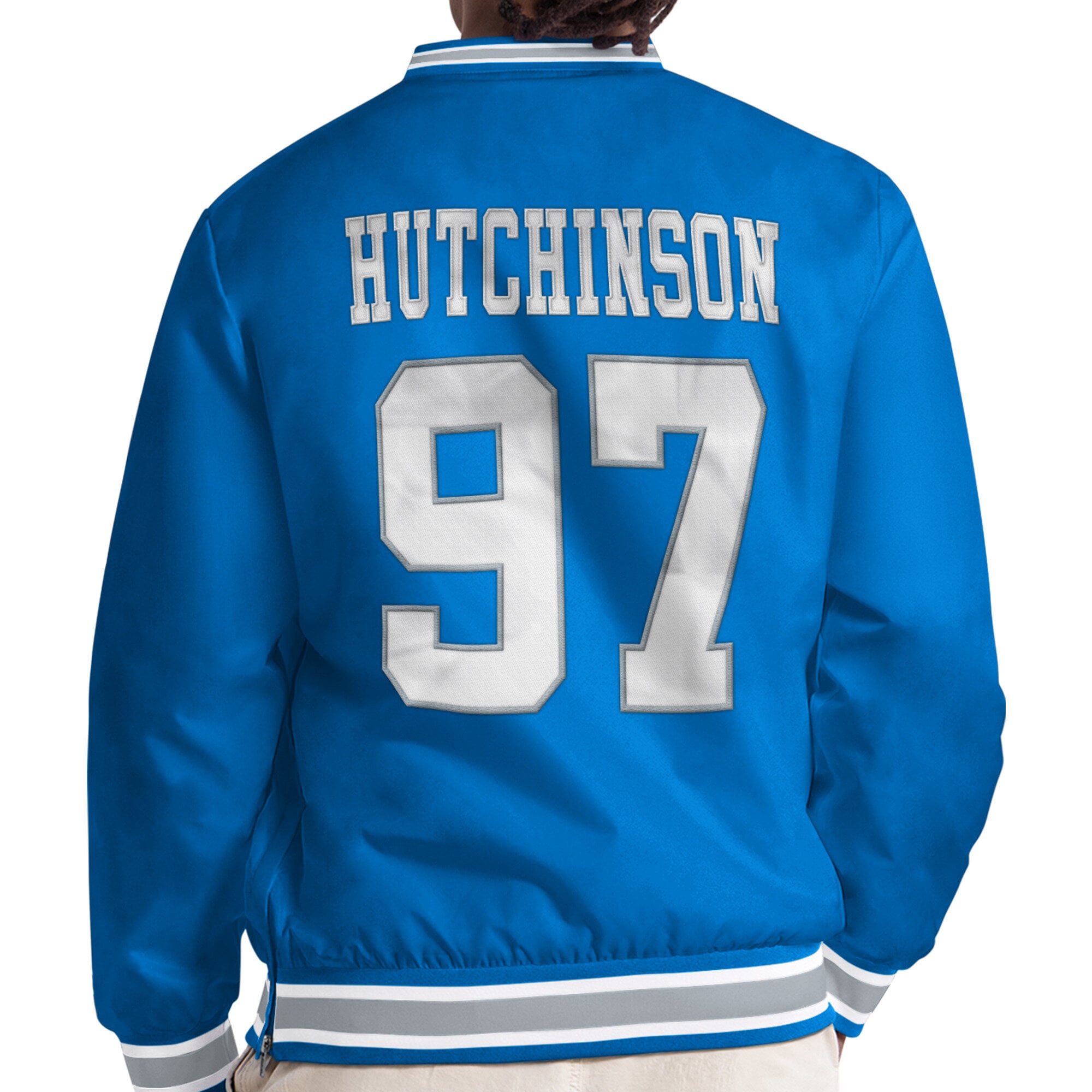 Pull à col en V Starter Aidan Hutchinson bleu Detroit Lions pour homme