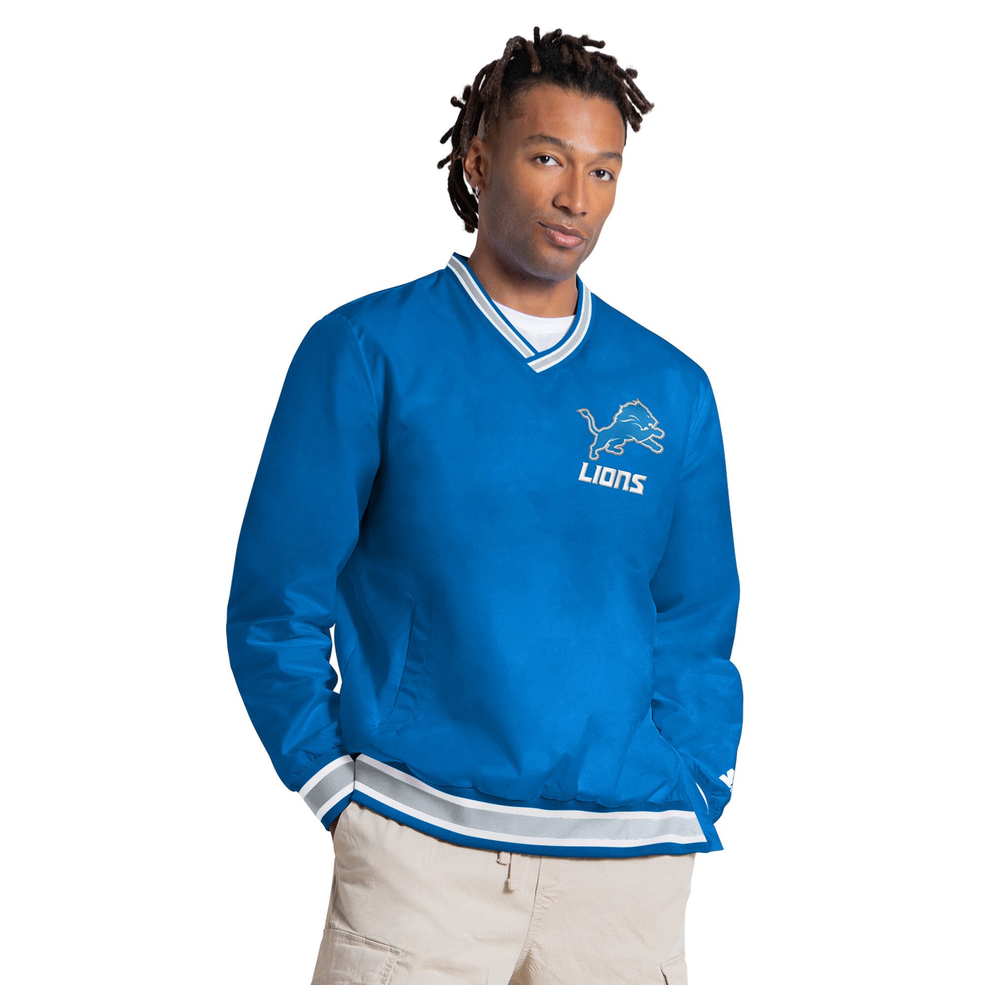Pull à col en V Starter Aidan Hutchinson bleu Detroit Lions pour homme