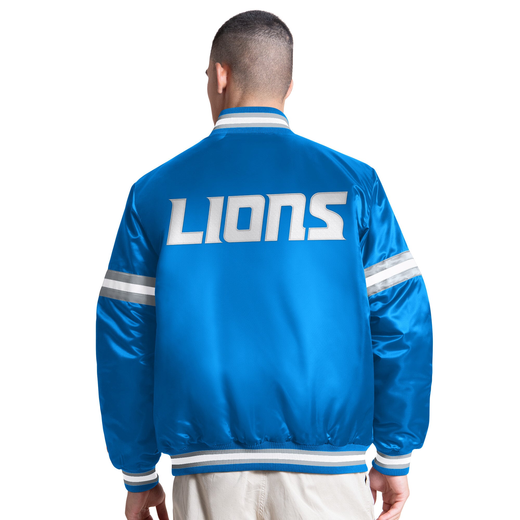 Veste universitaire Starter bleue Detroit Lions Courtside pour homme, fermeture à boutons-pression.