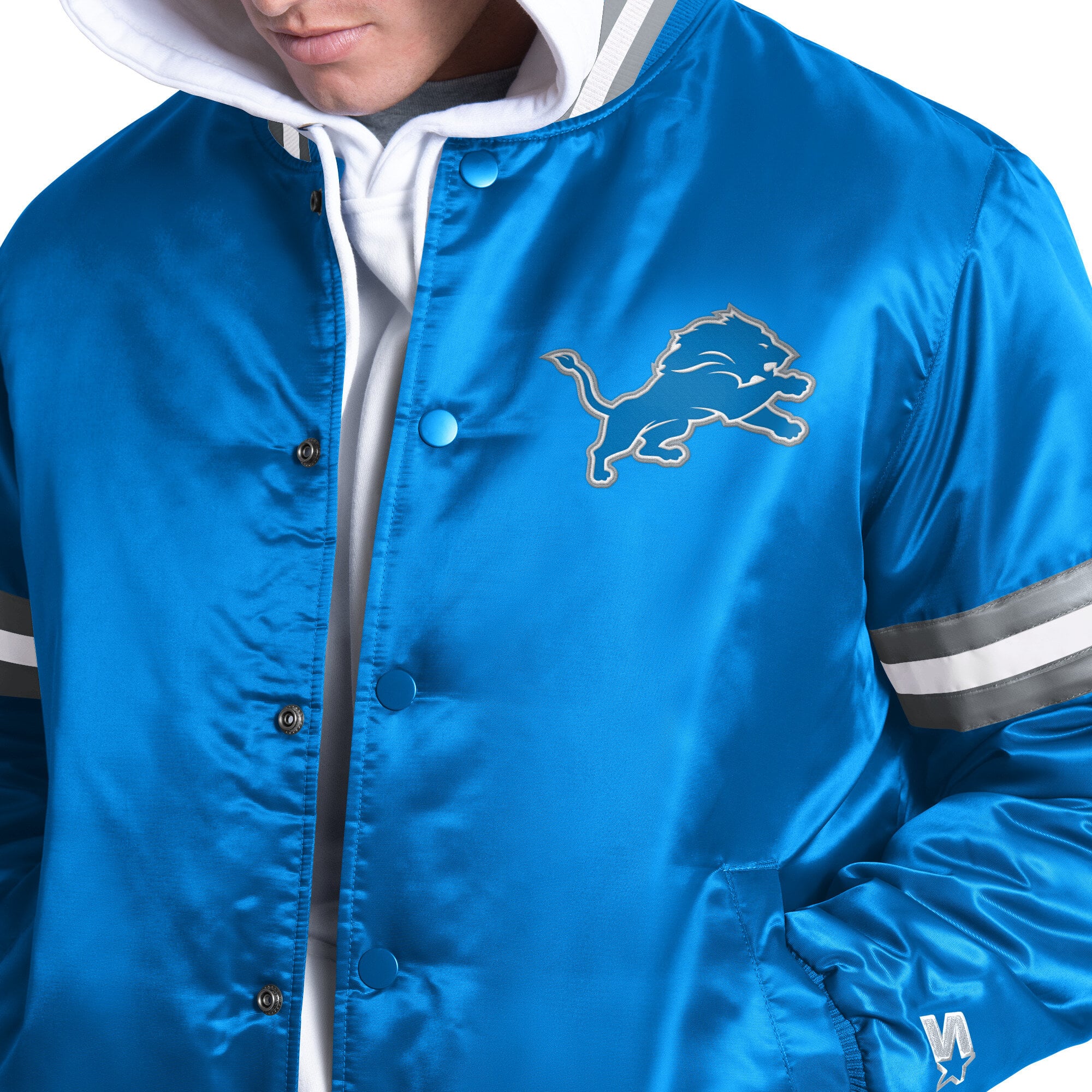 Veste universitaire Starter bleue Detroit Lions Courtside pour homme, fermeture à boutons-pression.