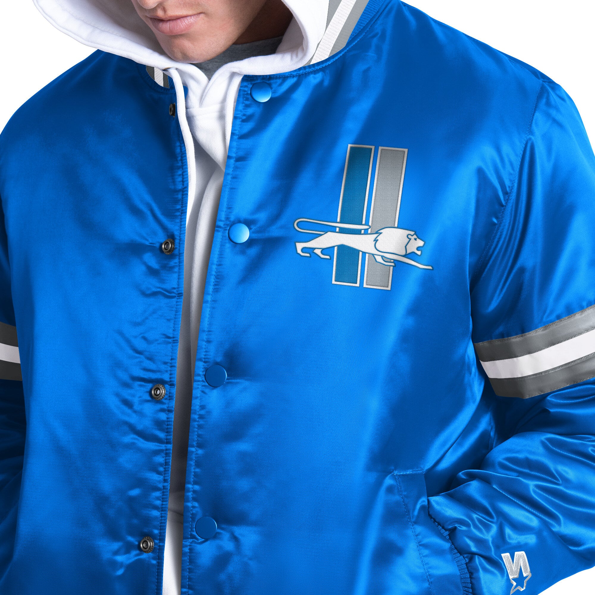 Veste universitaire rétro à boutons-pression Starter bleue pour homme, logo Courtside des Lions de Détroit