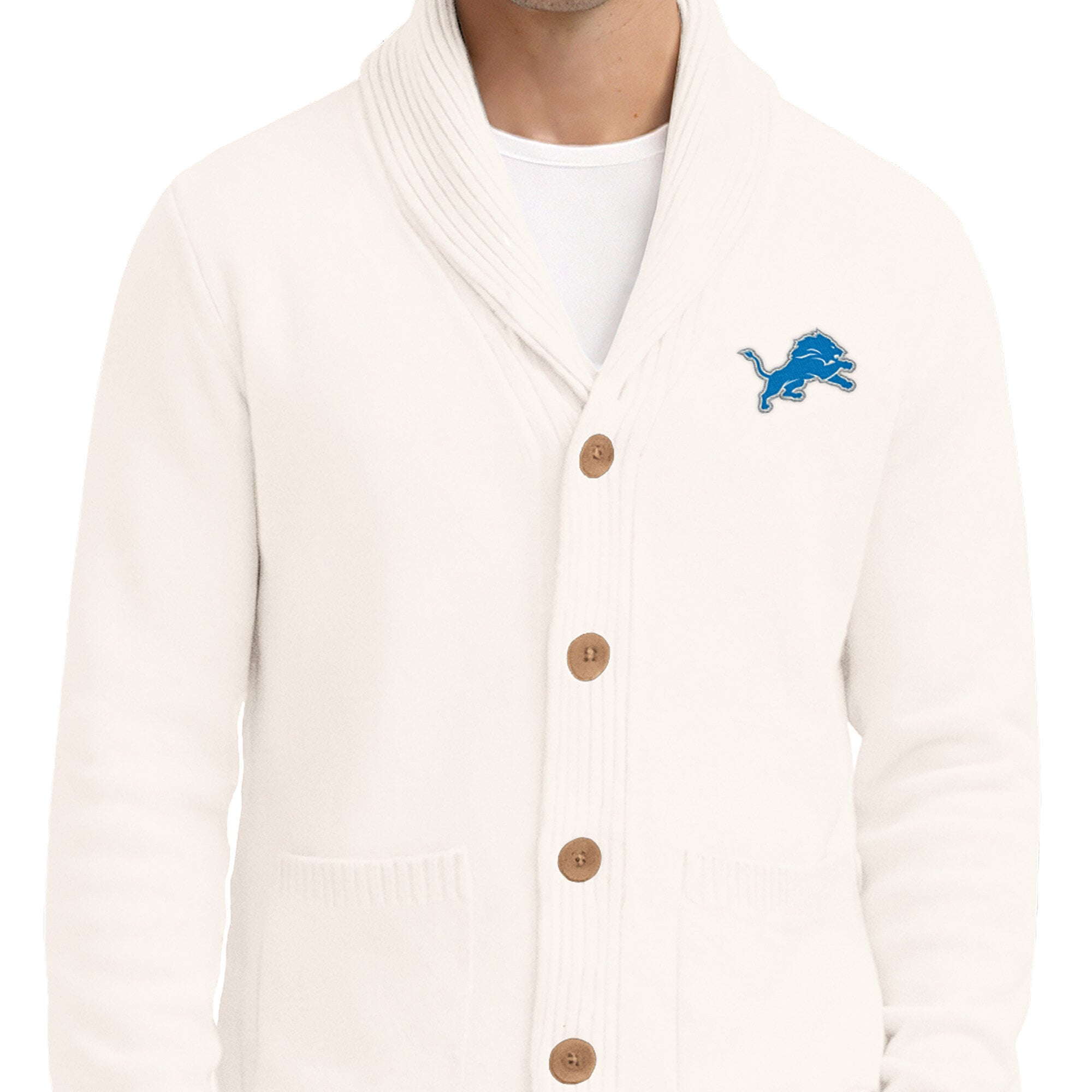 Men's Starter Cream Detroit Lions Shawl Collar Heavy Knit Cardigan Sweater