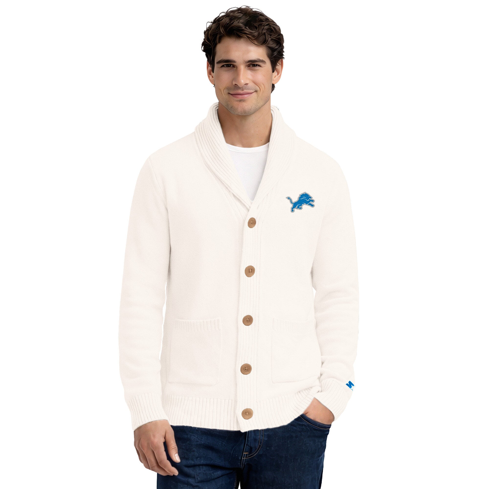 Men's Starter Cream Detroit Lions Shawl Collar Heavy Knit Cardigan Sweater