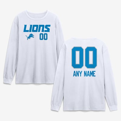 Detroit Lions  Touchdown Wordmark Personalized Name & Number Long Sleeve T-Shirt - White