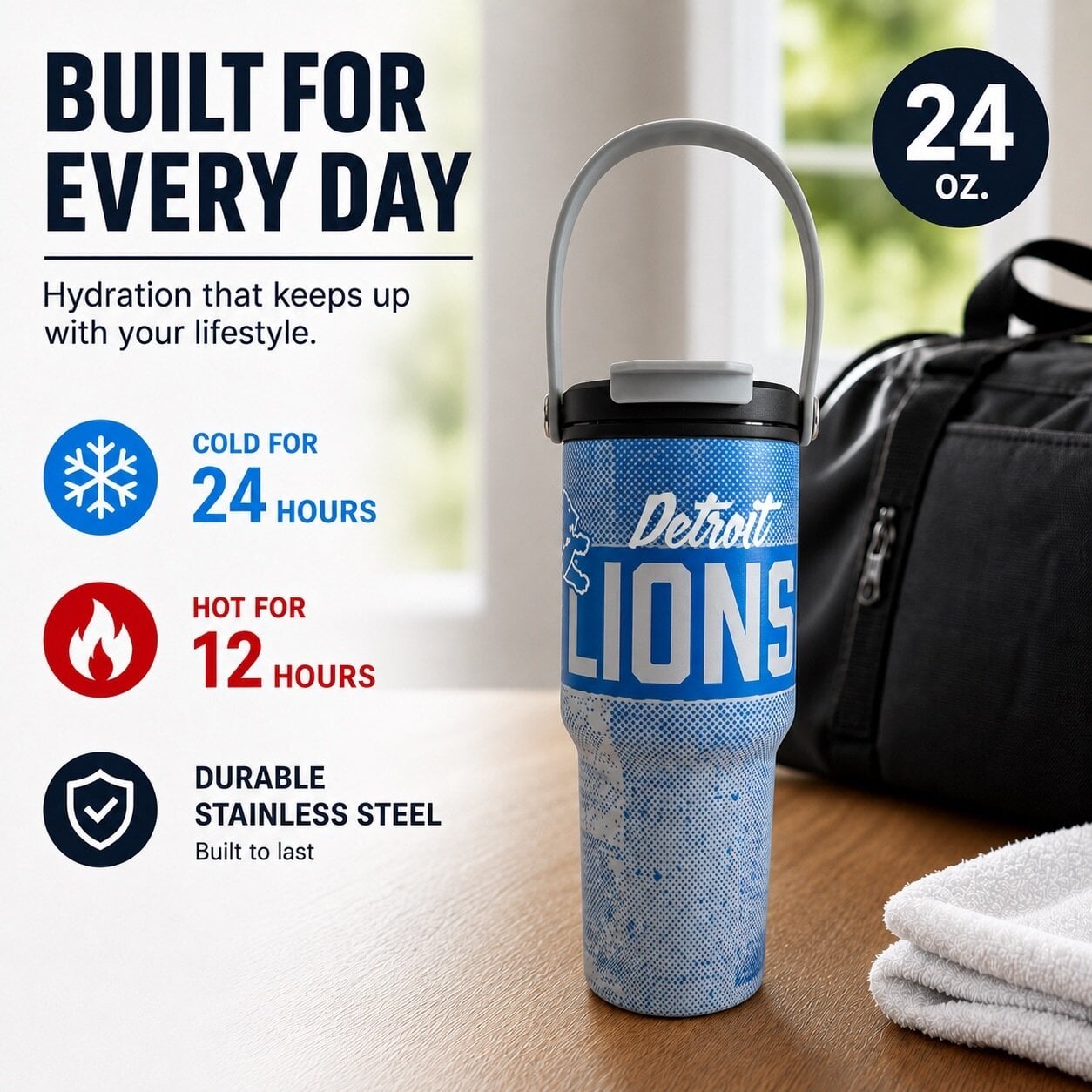 Gourde Pegasus Detroit Lions 710 ml (24 oz) en acier inoxydable à double bouchon et motif dégradé moucheté
