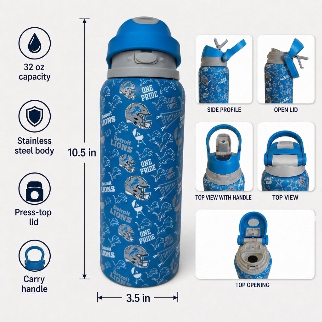 Gourde Pegasus Detroit Lions 32 oz, fanion de match, en acier inoxydable ProPress