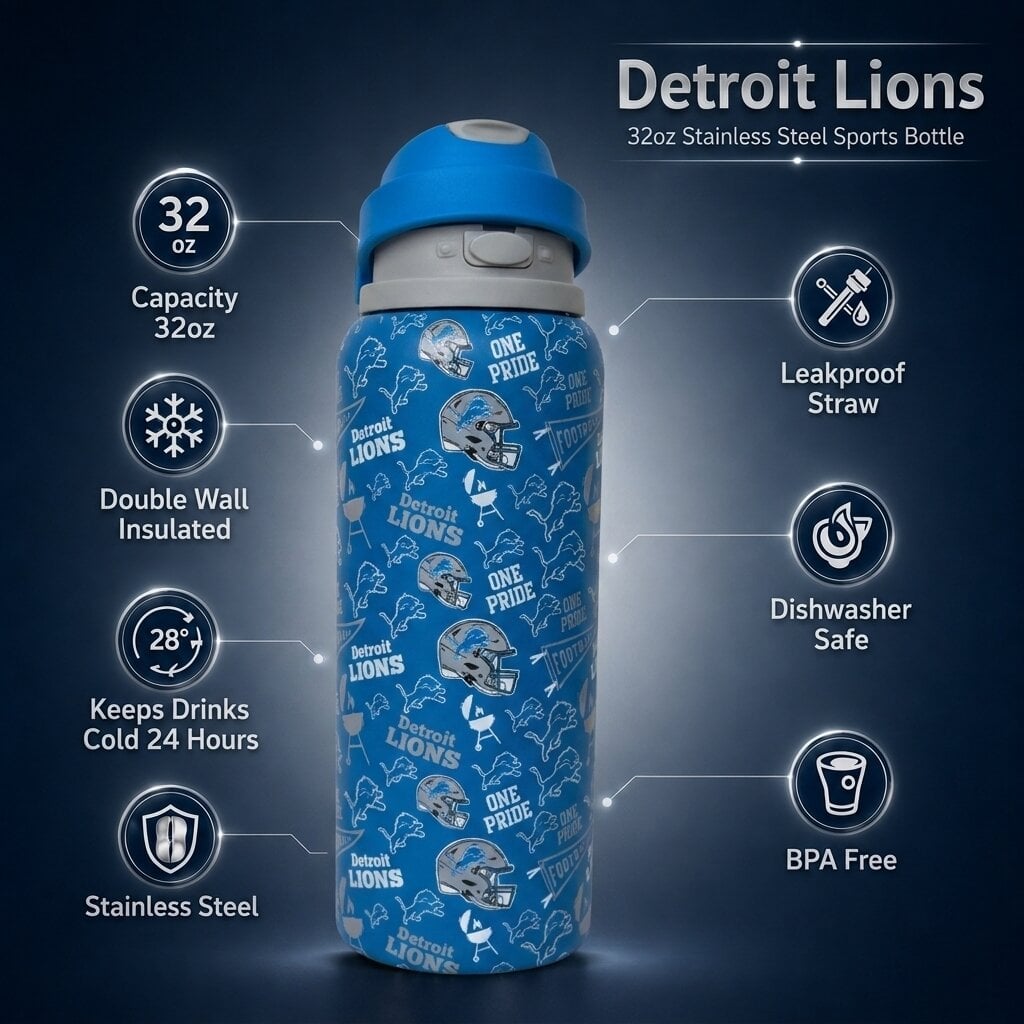 Gourde Pegasus Detroit Lions 32 oz, fanion de match, en acier inoxydable ProPress