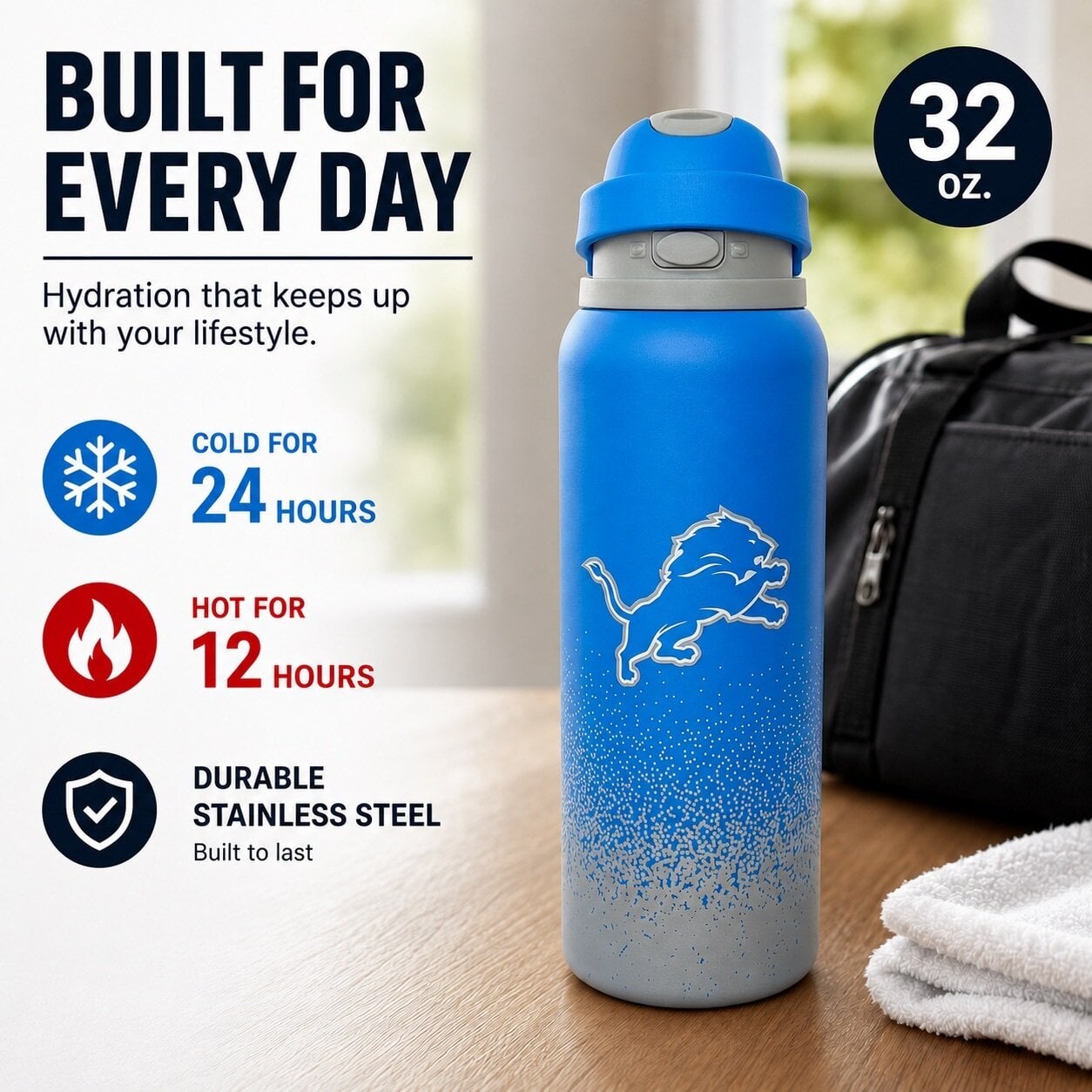 Gourde Pegasus Detroit Lions 32 oz en acier inoxydable dégradé ProFlow