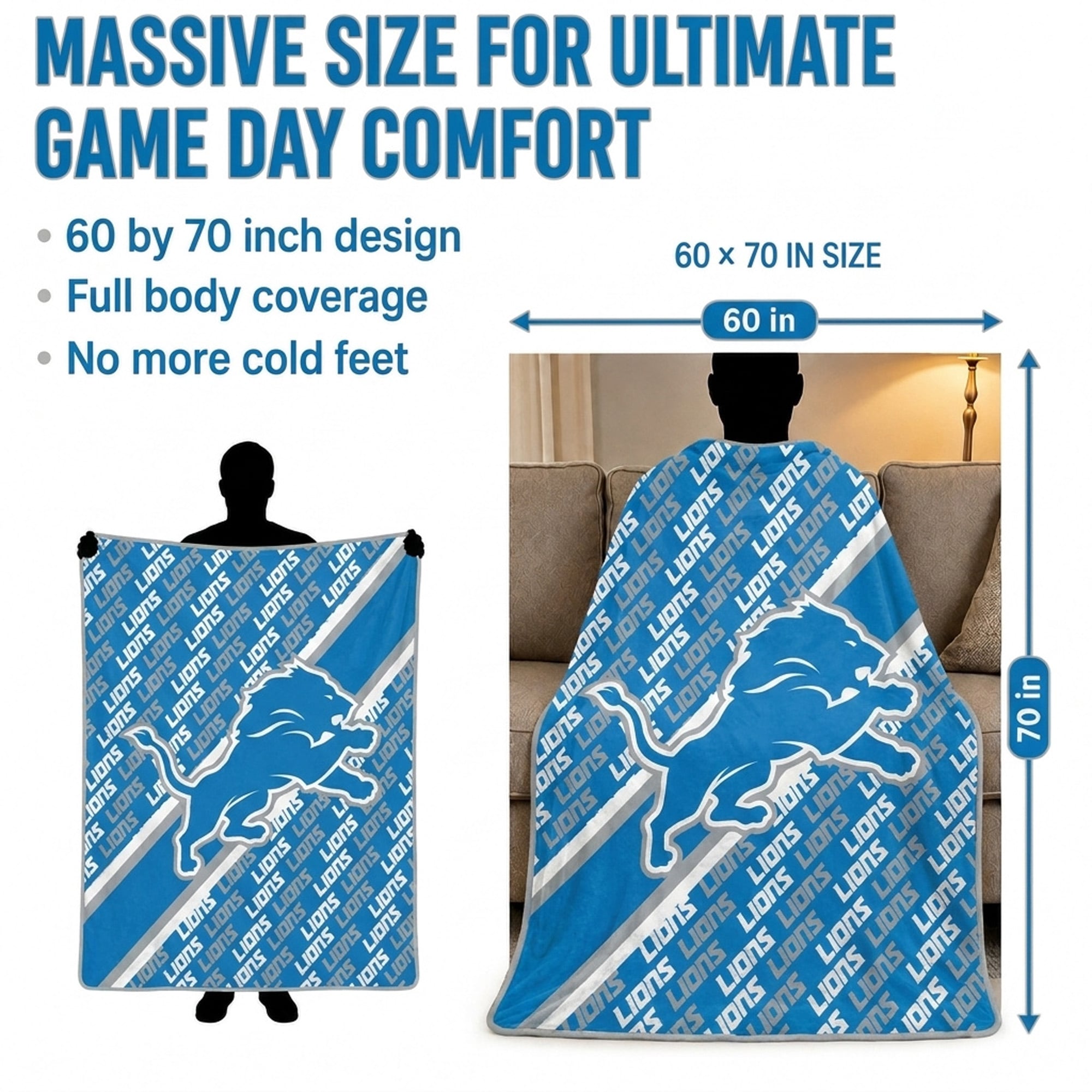 Couverture ultra douce Pegasus Detroit Lions 60" x 70" (diagonale) avec logo doublé