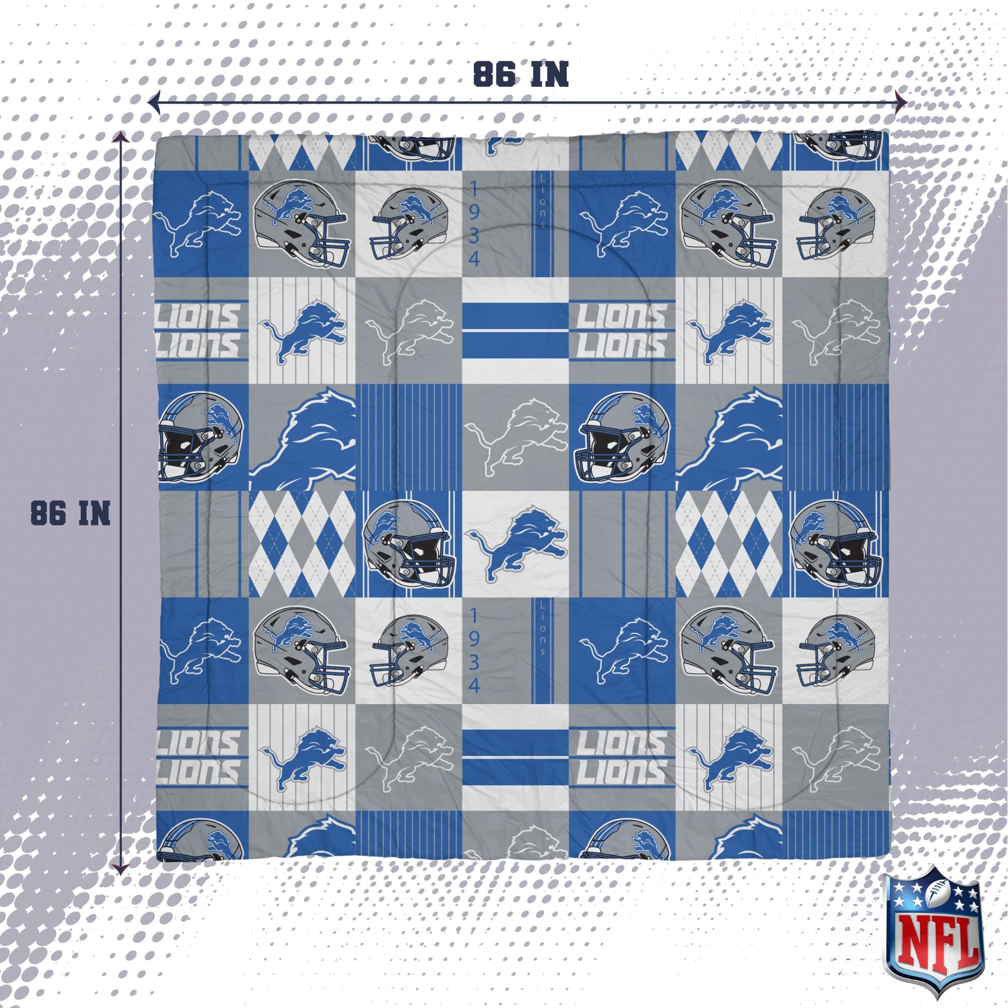 Ensemble de literie trois pièces à carreaux patchwork Pegasus Detroit Lions, format grand/queen.