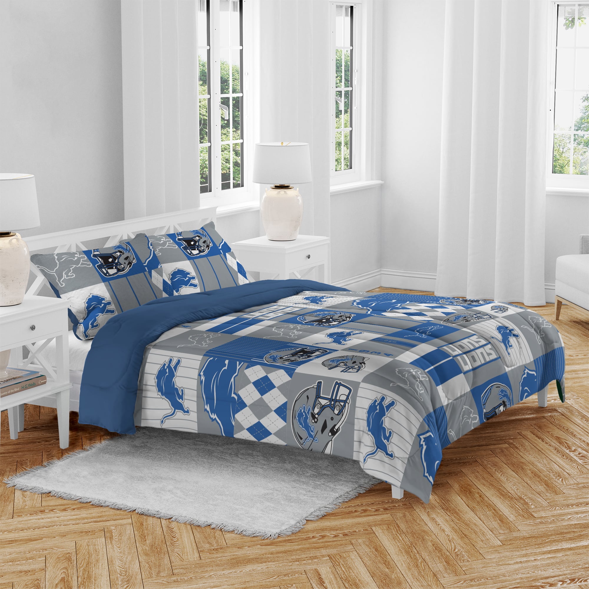 Ensemble de literie trois pièces à carreaux patchwork Pegasus Detroit Lions, format grand/queen.