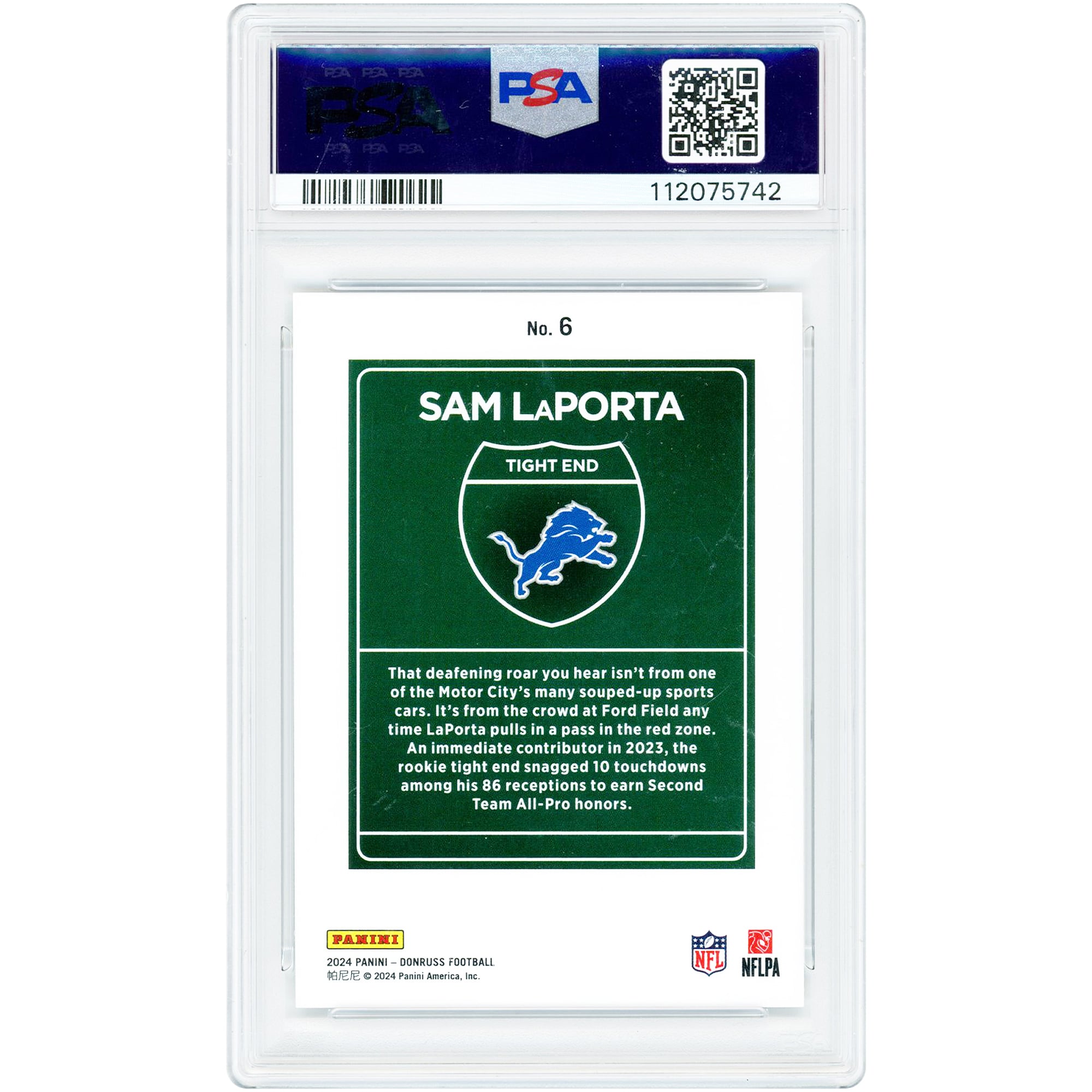 Sam LaPorta Detroit Lions 2024 Panini Donruss Downtown! #6 PSA Authenticated 9 Card
