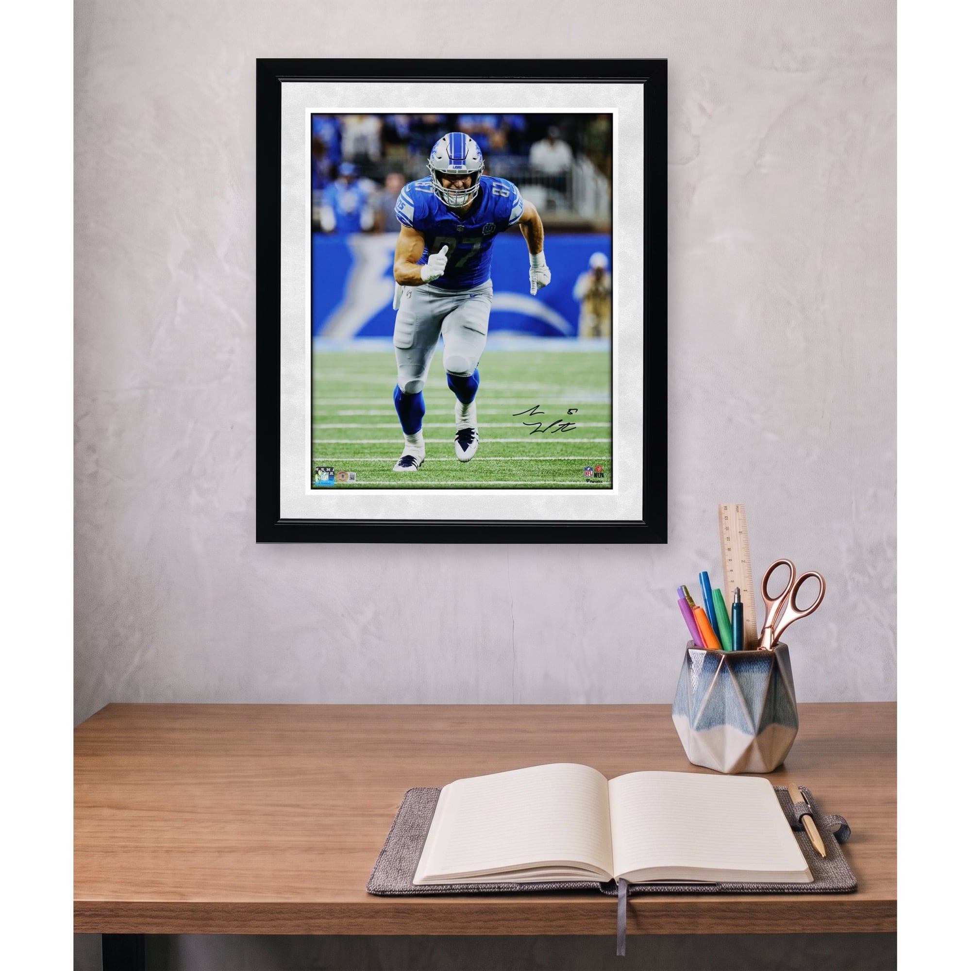 Sam LaPorta Detroit Lions Autographed 16" x 20" Running Route in Blue Jersey Photograph