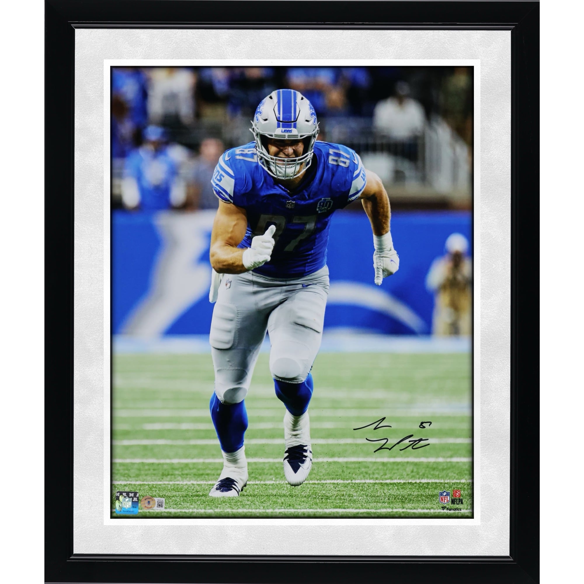 Sam LaPorta Detroit Lions Autographed 16" x 20" Running Route in Blue Jersey Photograph