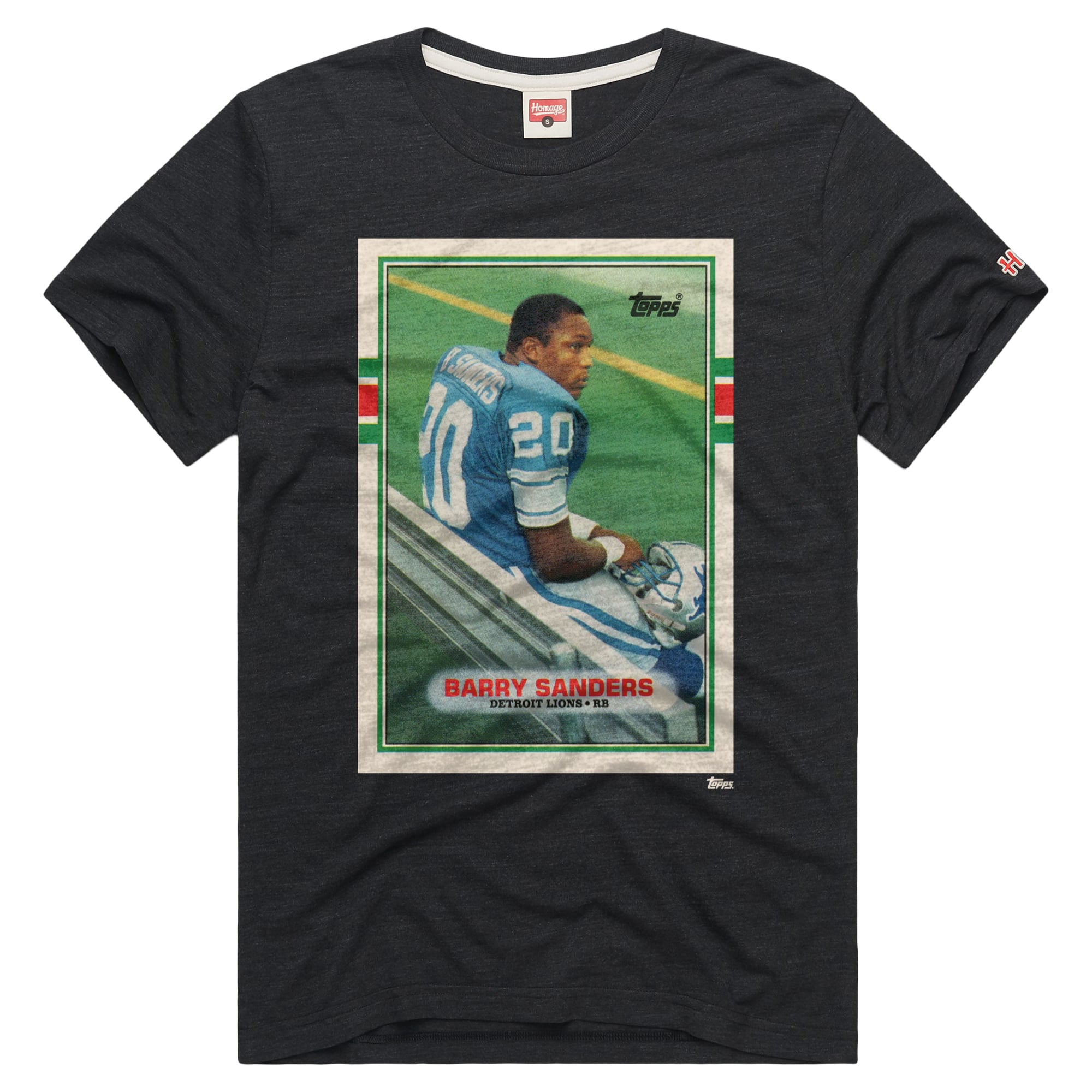 T-shirt unisexe hommage à Barry Sanders, couleur anthracite, Detroit Lions, NFL Topps Trading Card, mélange de trois matières