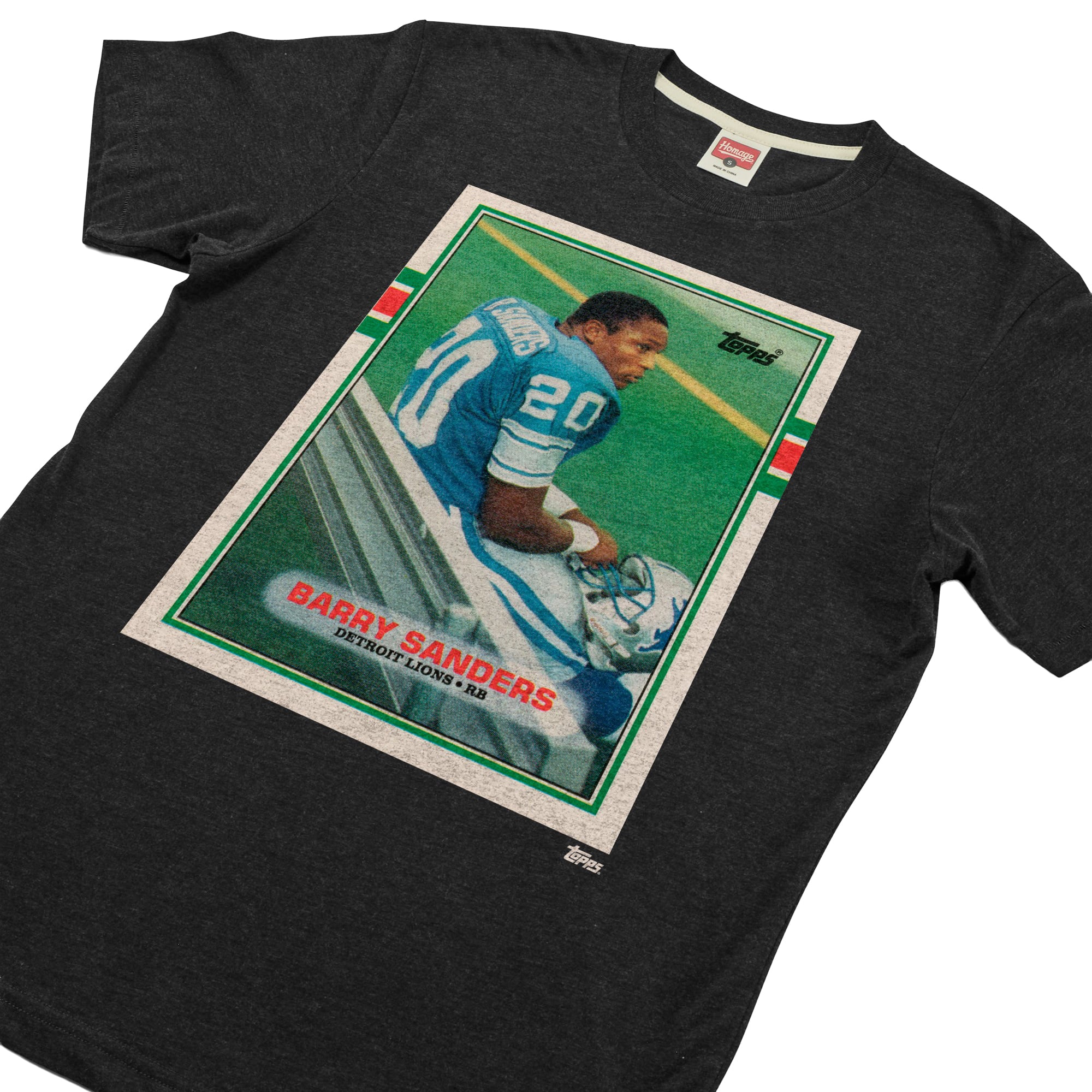 T-shirt unisexe hommage à Barry Sanders, couleur anthracite, Detroit Lions, NFL Topps Trading Card, mélange de trois matières