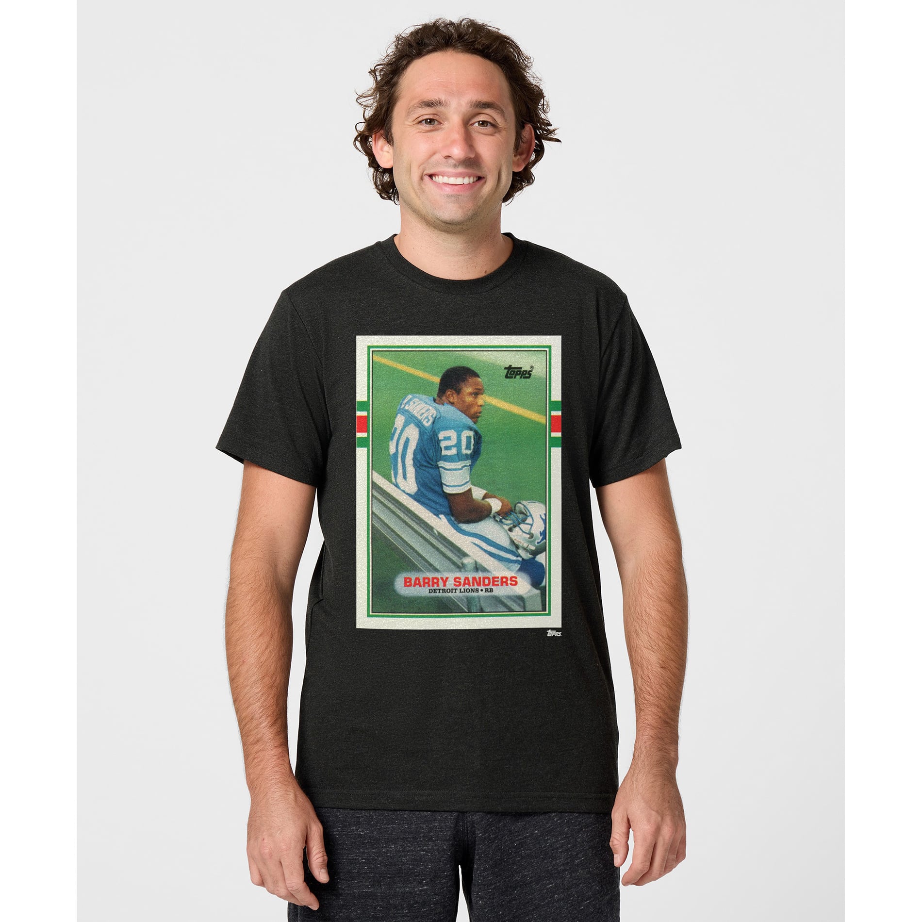 T-shirt unisexe hommage à Barry Sanders, couleur anthracite, Detroit Lions, NFL Topps Trading Card, mélange de trois matières