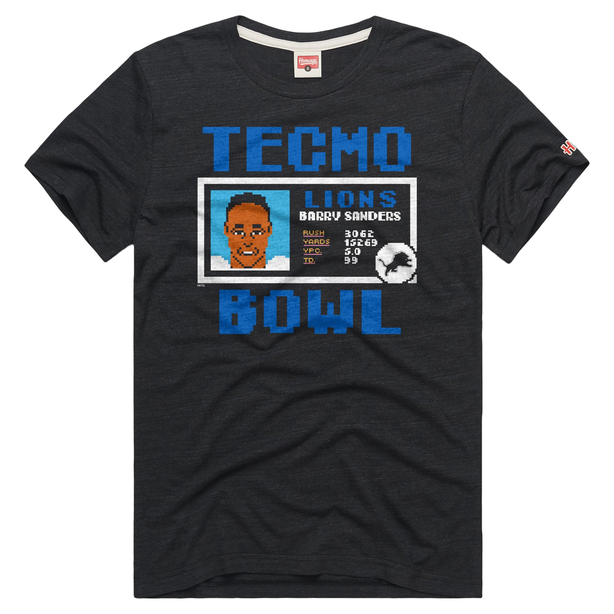 T-shirt unisexe hommage à Barry Sanders, Detroit Lions, couleur anthracite, Tecmo Bowl, joueur retraité, en mélange de trois matières.