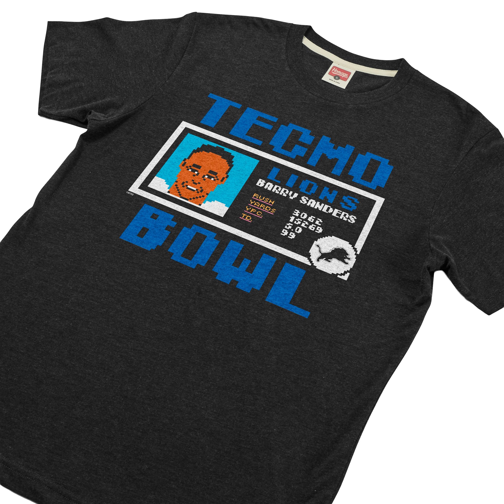 T-shirt unisexe hommage à Barry Sanders, Detroit Lions, couleur anthracite, Tecmo Bowl, joueur retraité, en mélange de trois matières.
