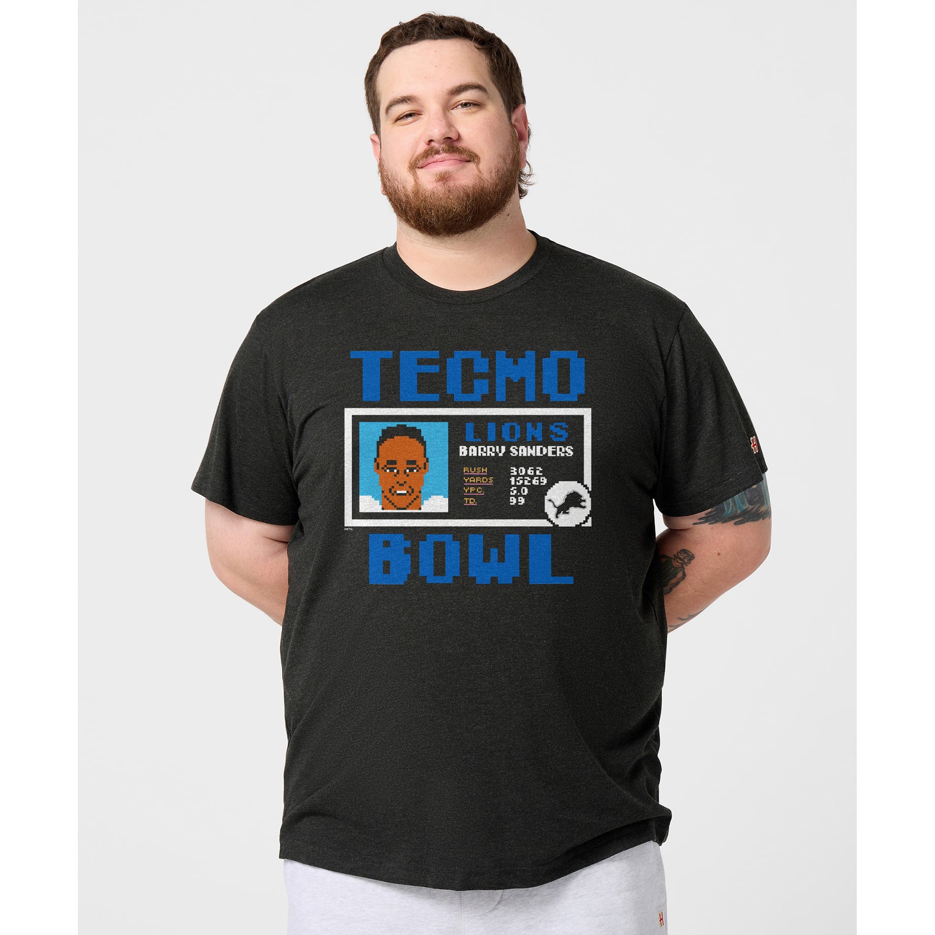 T-shirt unisexe hommage à Barry Sanders, Detroit Lions, couleur anthracite, Tecmo Bowl, joueur retraité, en mélange de trois matières.