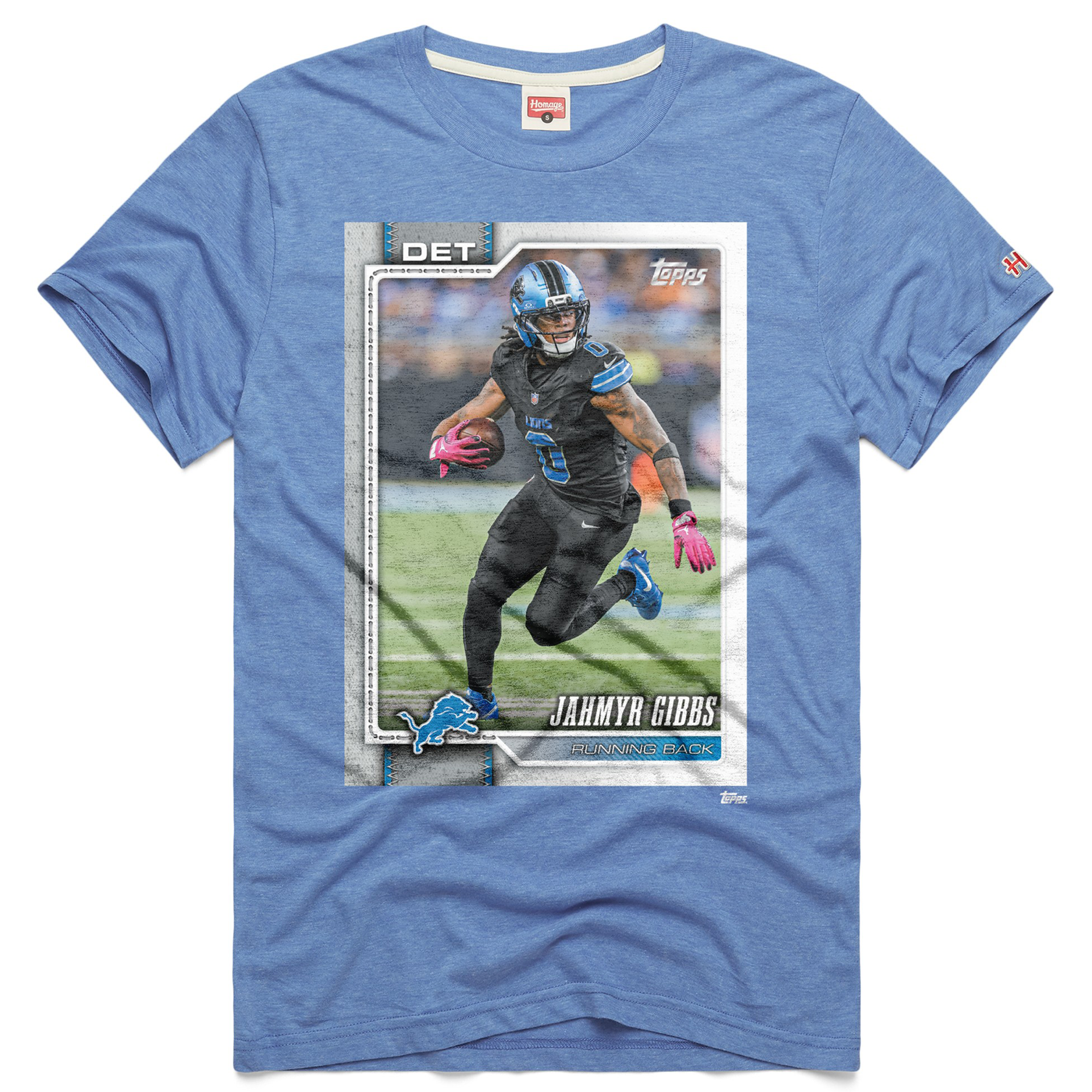 T-shirt unisexe Hommage à Jahmyr Gibbs, bleu Detroit Lions, NFL Topps Trading Card, mélange de trois matières