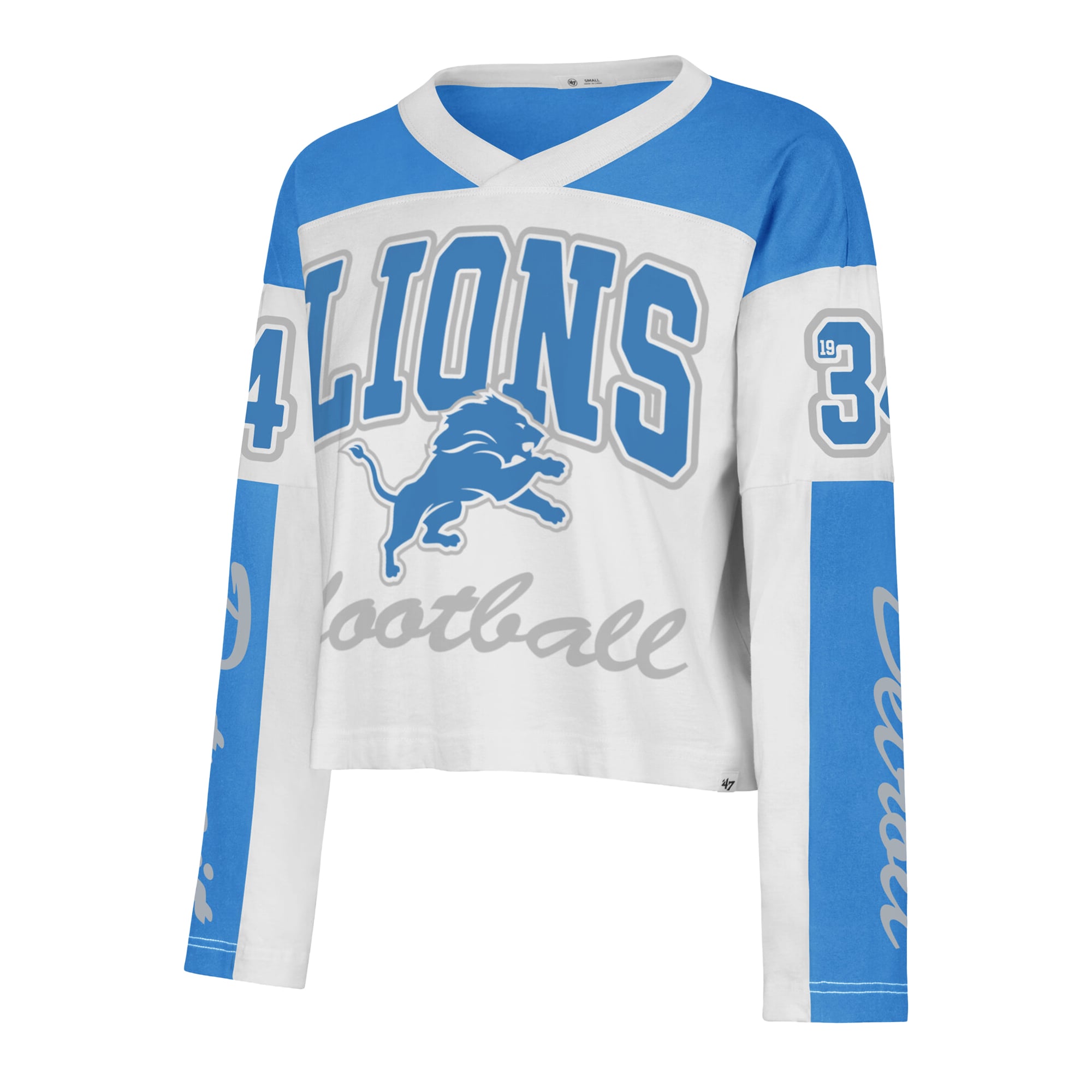 T-shirt à manches longues et col en V blanc Detroit Lions « 47 » pour femme