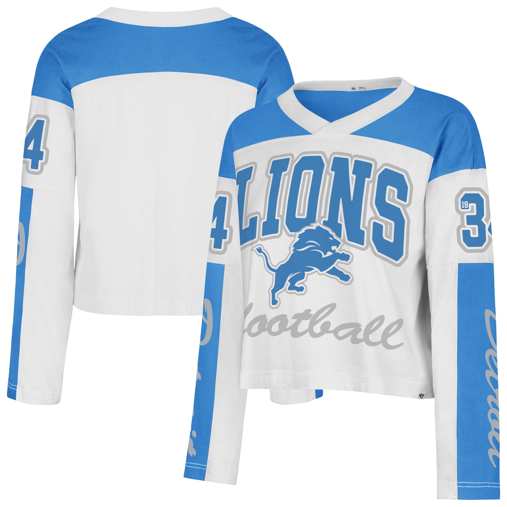 T-shirt à manches longues et col en V blanc Detroit Lions « 47 » pour femme