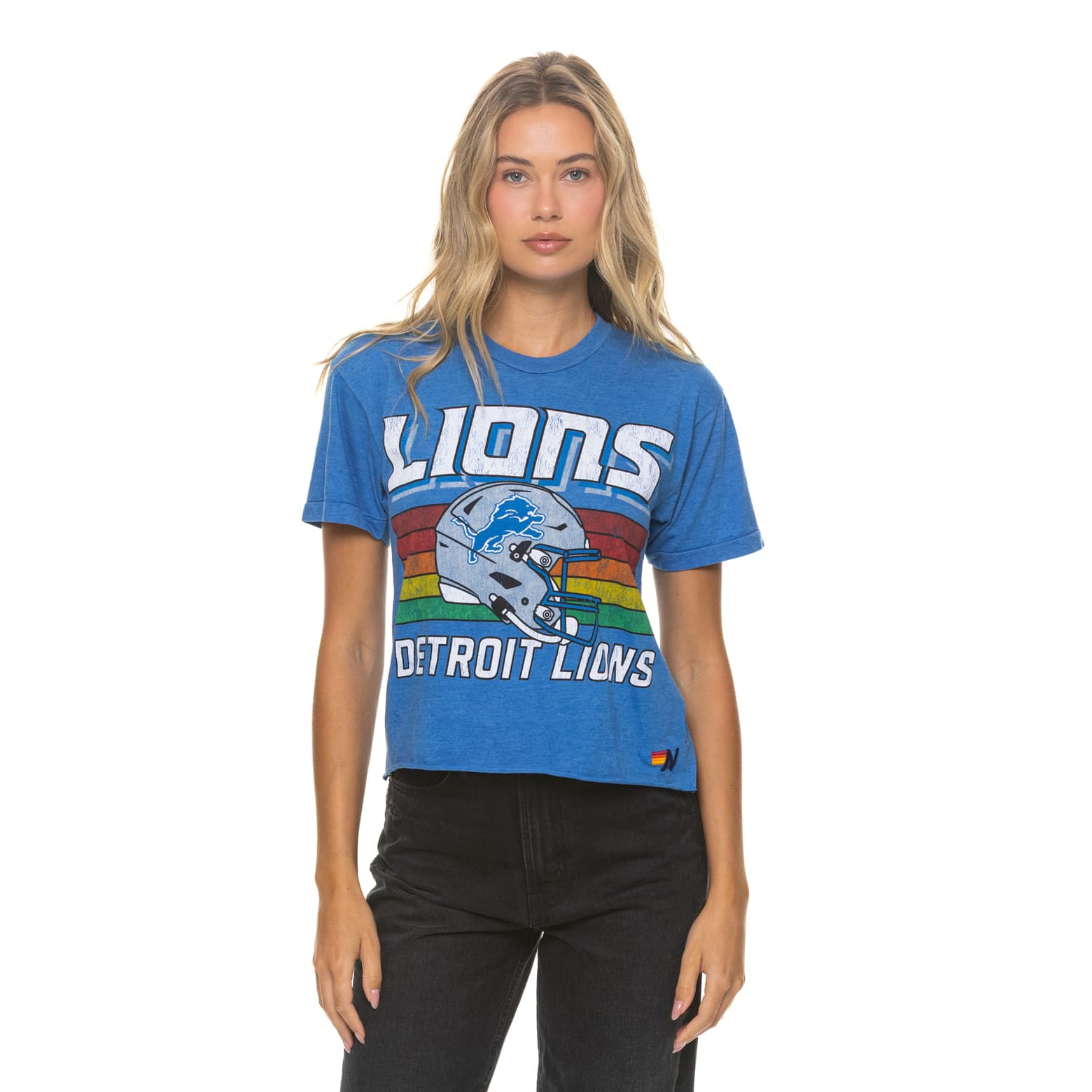 T-shirt Aviator Nation bleu Detroit Lions pour femme, coupe carrée, style boyfriend, en mélange de trois matières