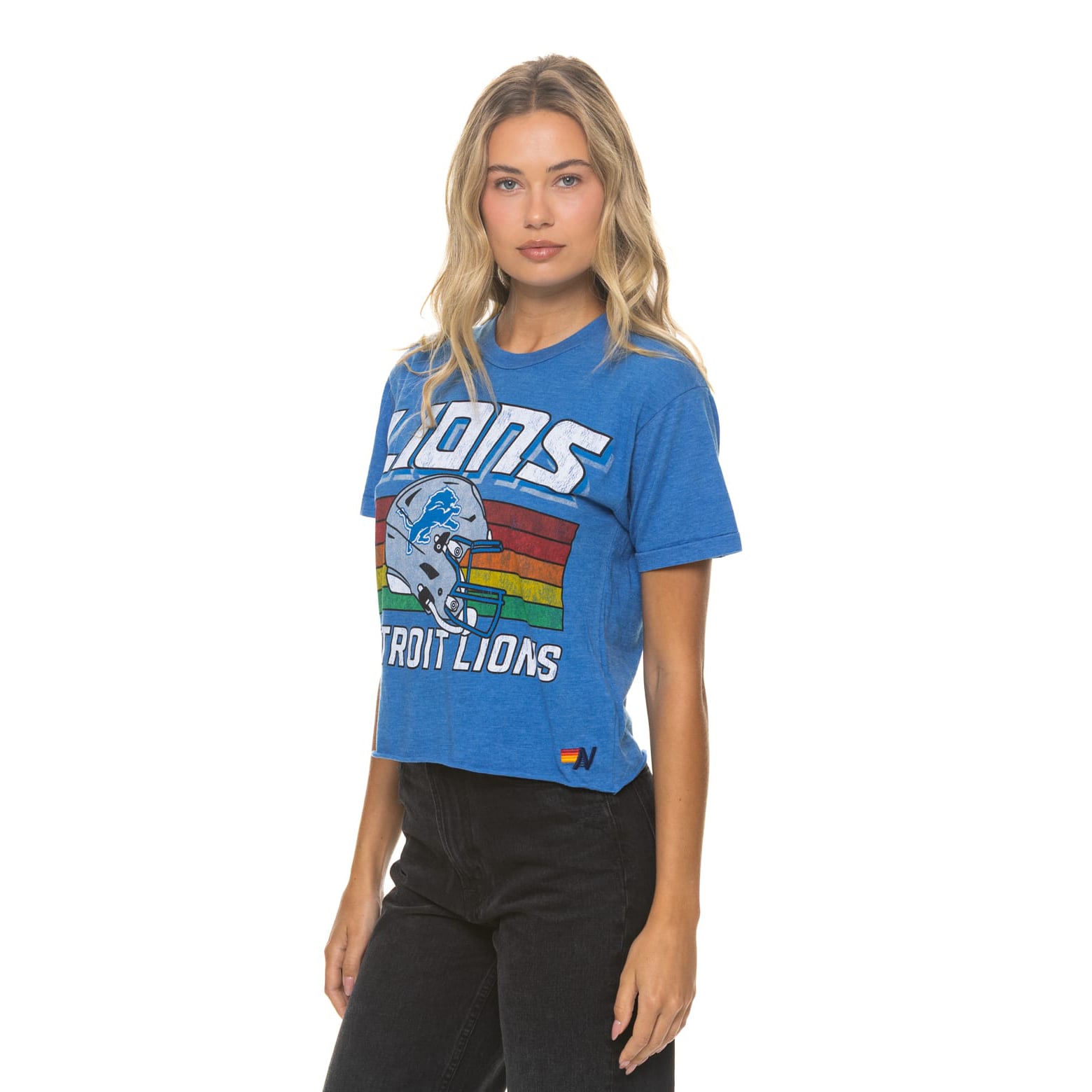 T-shirt Aviator Nation bleu Detroit Lions pour femme, coupe carrée, style boyfriend, en mélange de trois matières