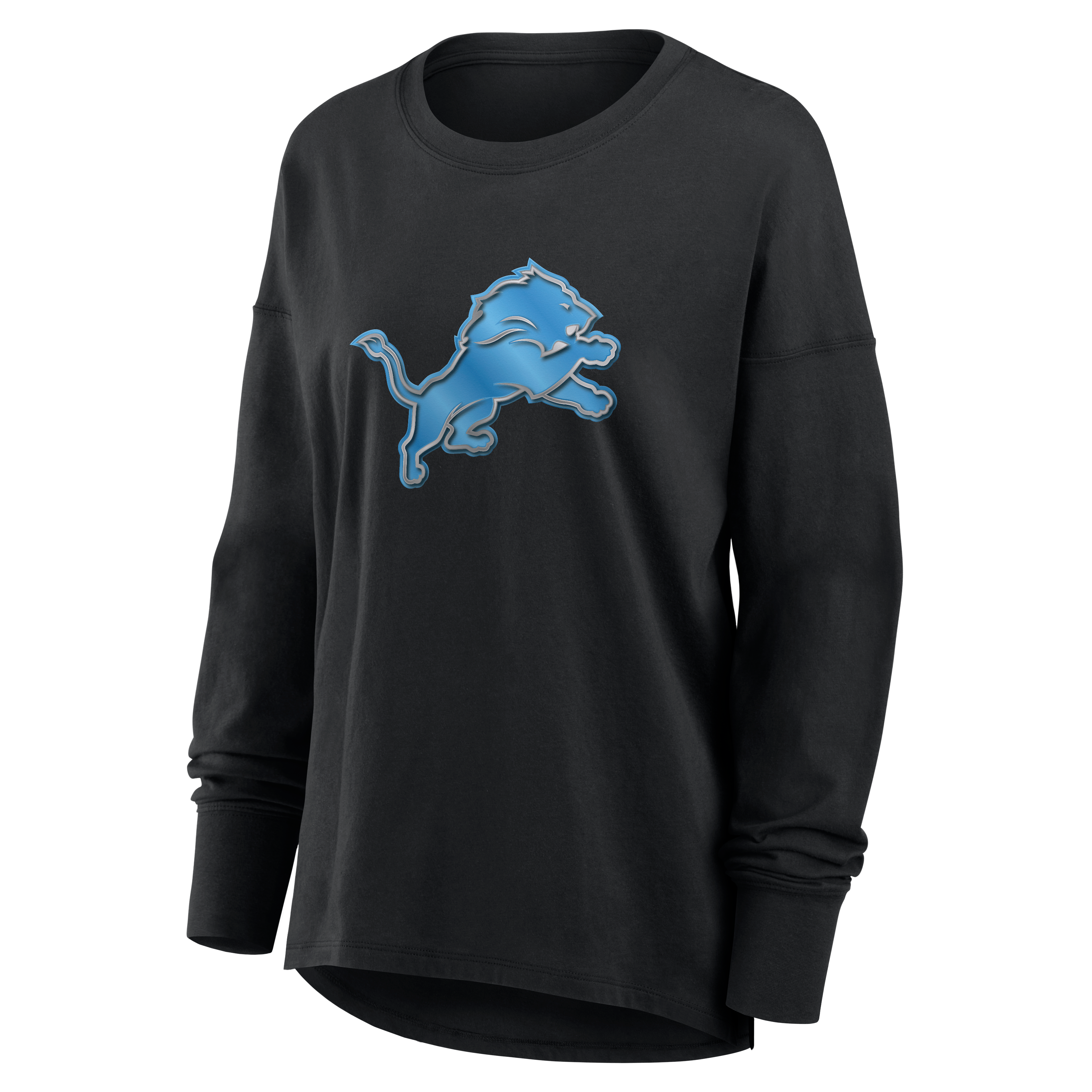 T-shirt à manches longues noir pour femmes avec mascotte métallique des Lions de Détroit