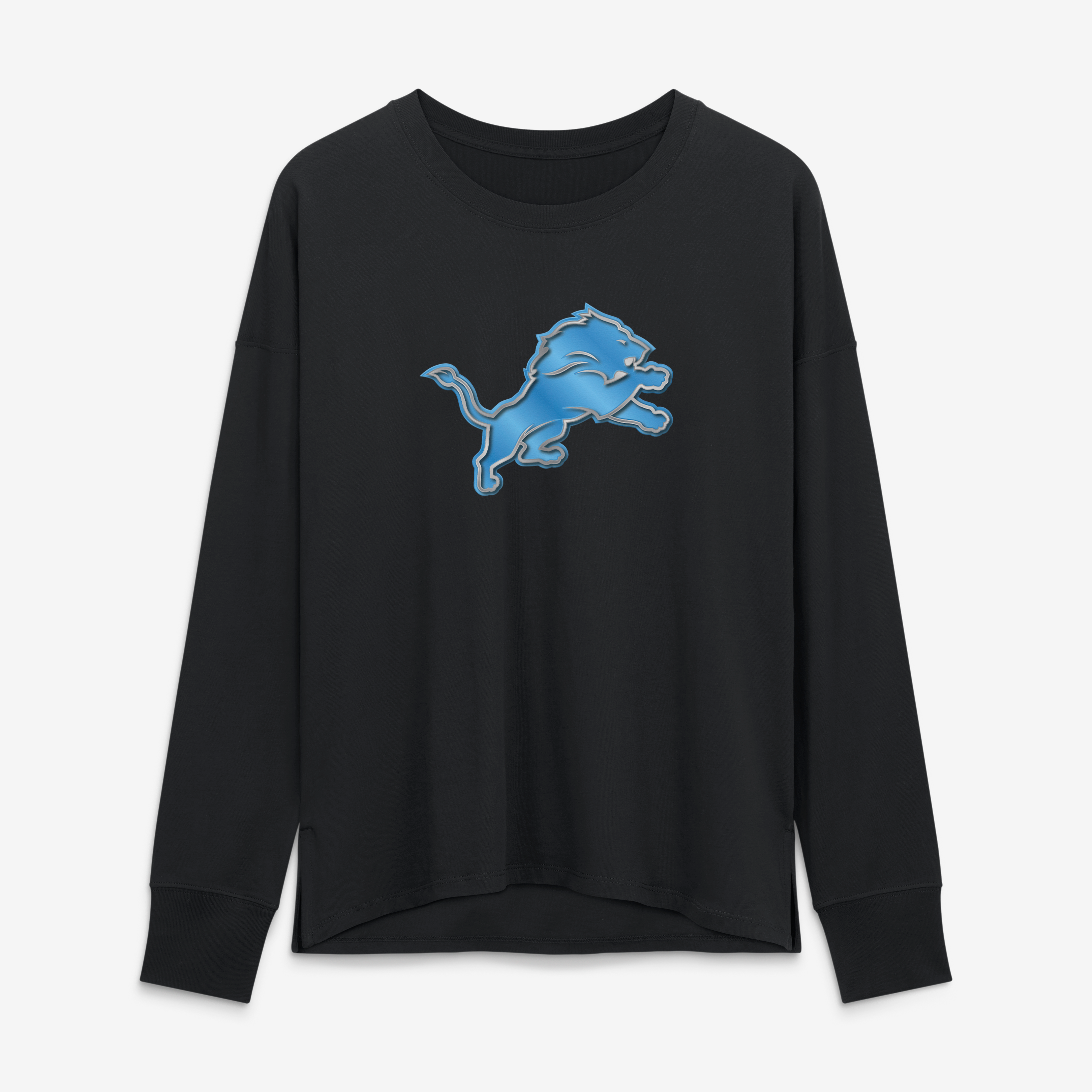 T-shirt à manches longues noir pour femmes avec mascotte métallique des Lions de Détroit