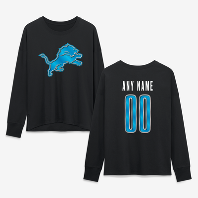 Detroit Lions Women's Metallic Mascot Personalized Name & Number Long Sleeve T-Shirt - Black