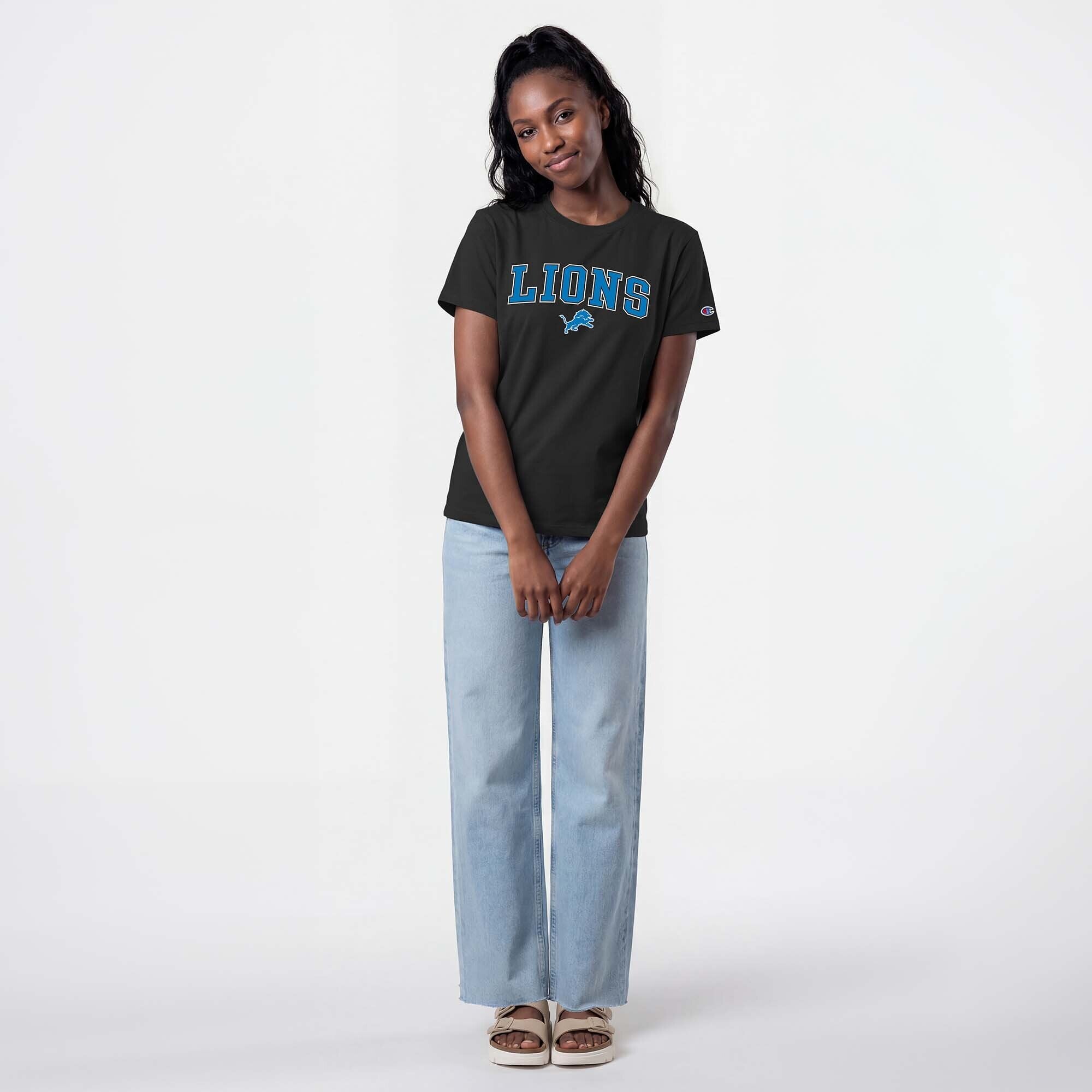T-shirt noir Champion Detroit Lions pour femmes avec logo arqué
