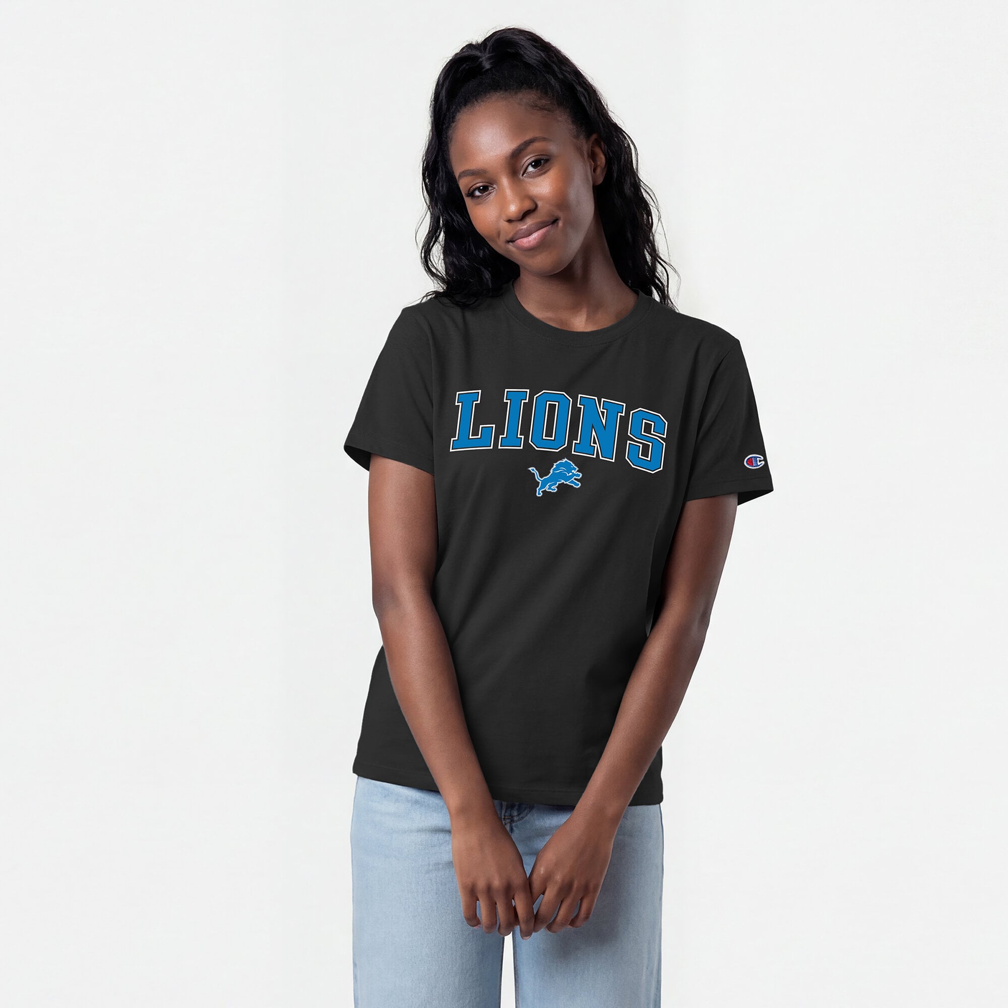 T-shirt noir Champion Detroit Lions pour femmes avec logo arqué