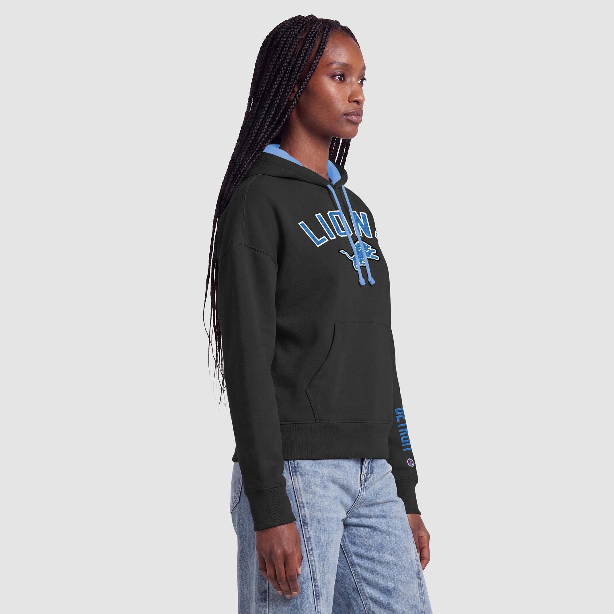 Sweat à capuche Champion noir et bleu Detroit Lions pour femme avec doublure contrastée