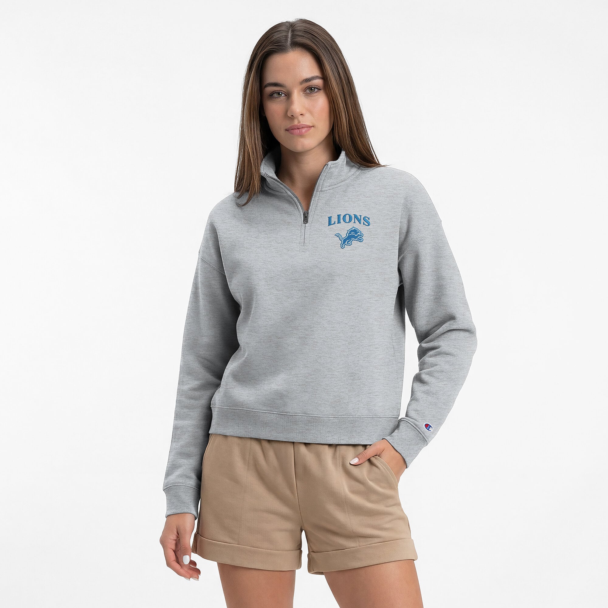 Women's Champion Heather Gray Detroit Lions Powerblend Quarter-Zip Sweatshirt