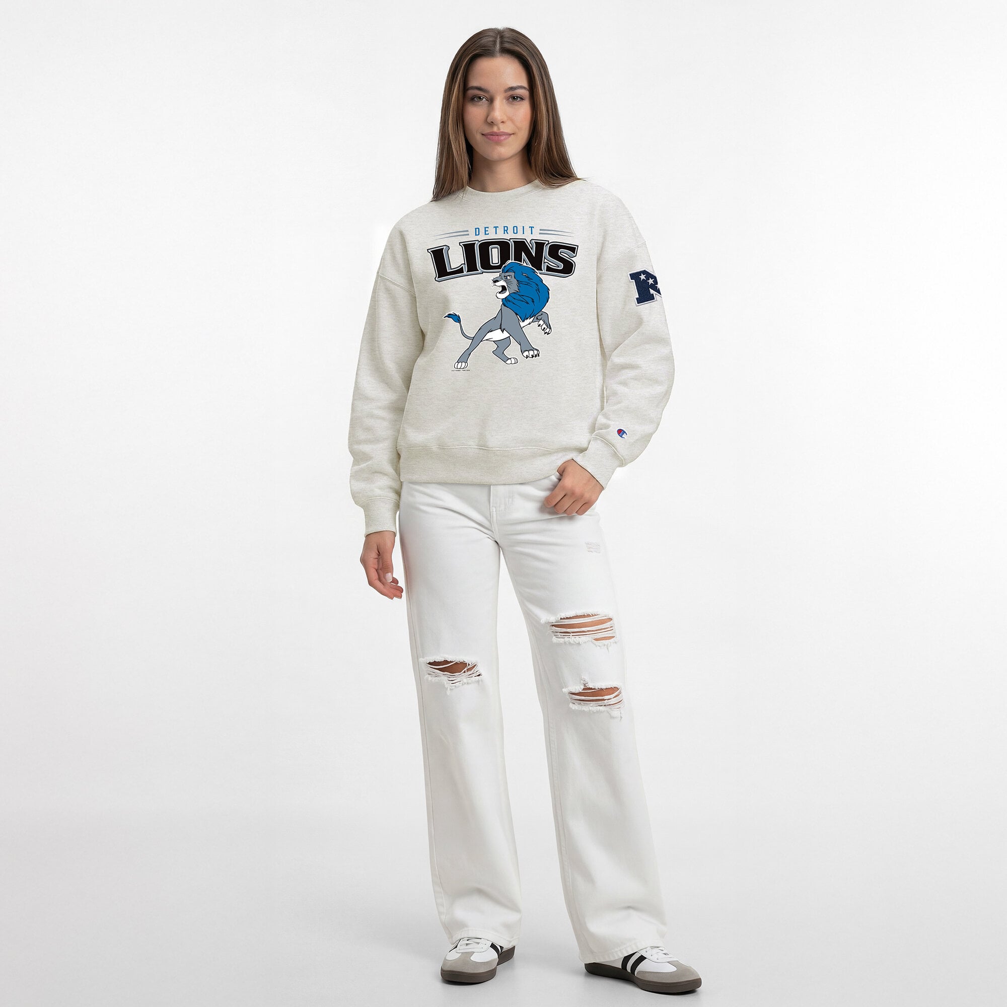 Sweat-shirt polaire à col rond Disney x Champion couleur avoine Detroit Lions All-Star pour femme