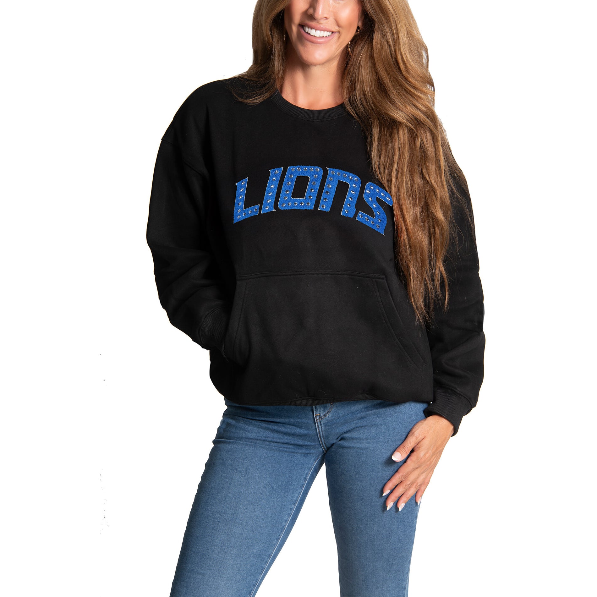Sweat-shirt FABGATING by Cuce pour femme, en chenille noire ornée de bijoux, aux couleurs des Lions Détroit.