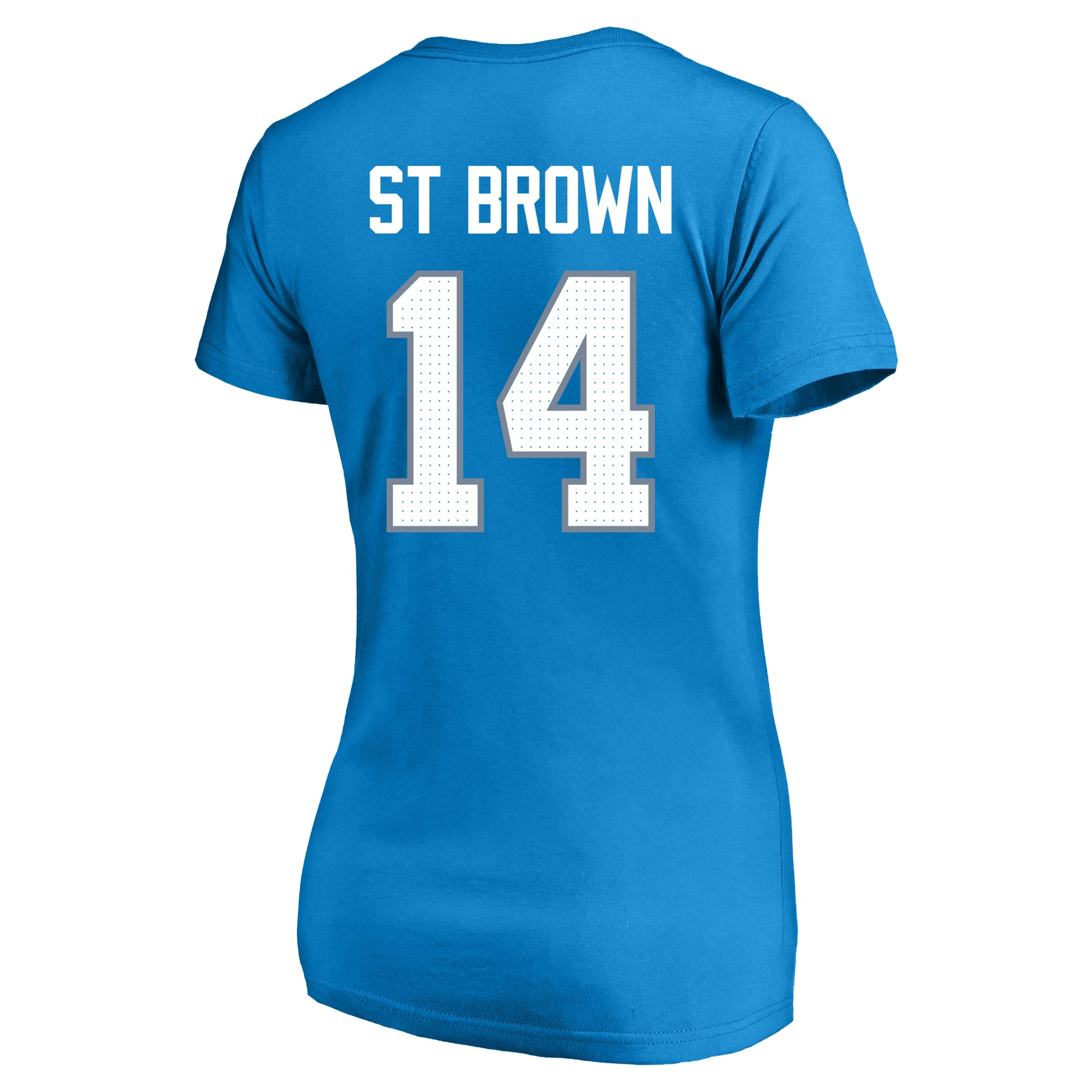T-shirt à col en V Fanatics Amon-Ra St. Brown Blue Detroit Lions pour femmes, grandes tailles, nom et numéro
