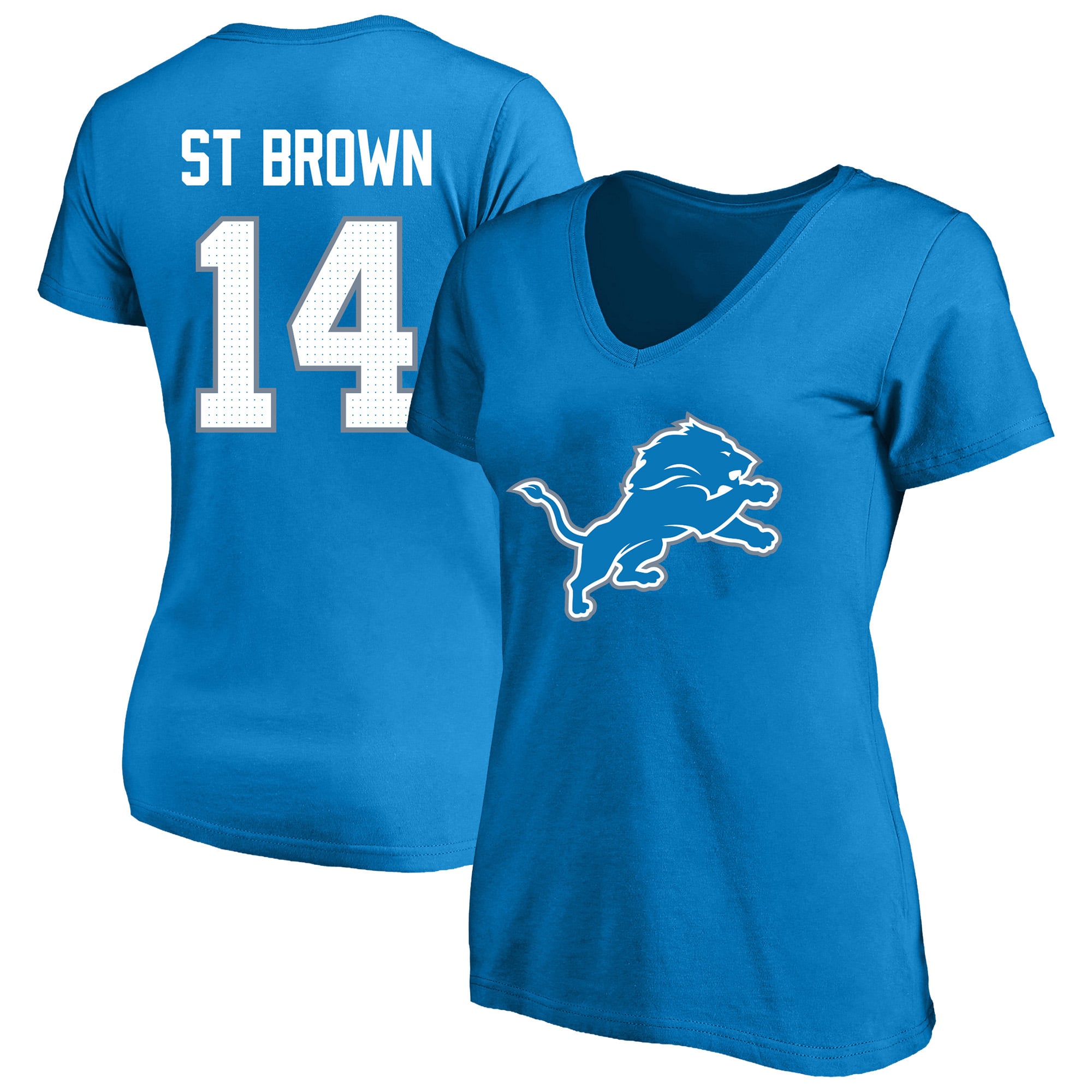 T-shirt à col en V Fanatics Amon-Ra St. Brown Blue Detroit Lions pour femmes, grandes tailles, nom et numéro