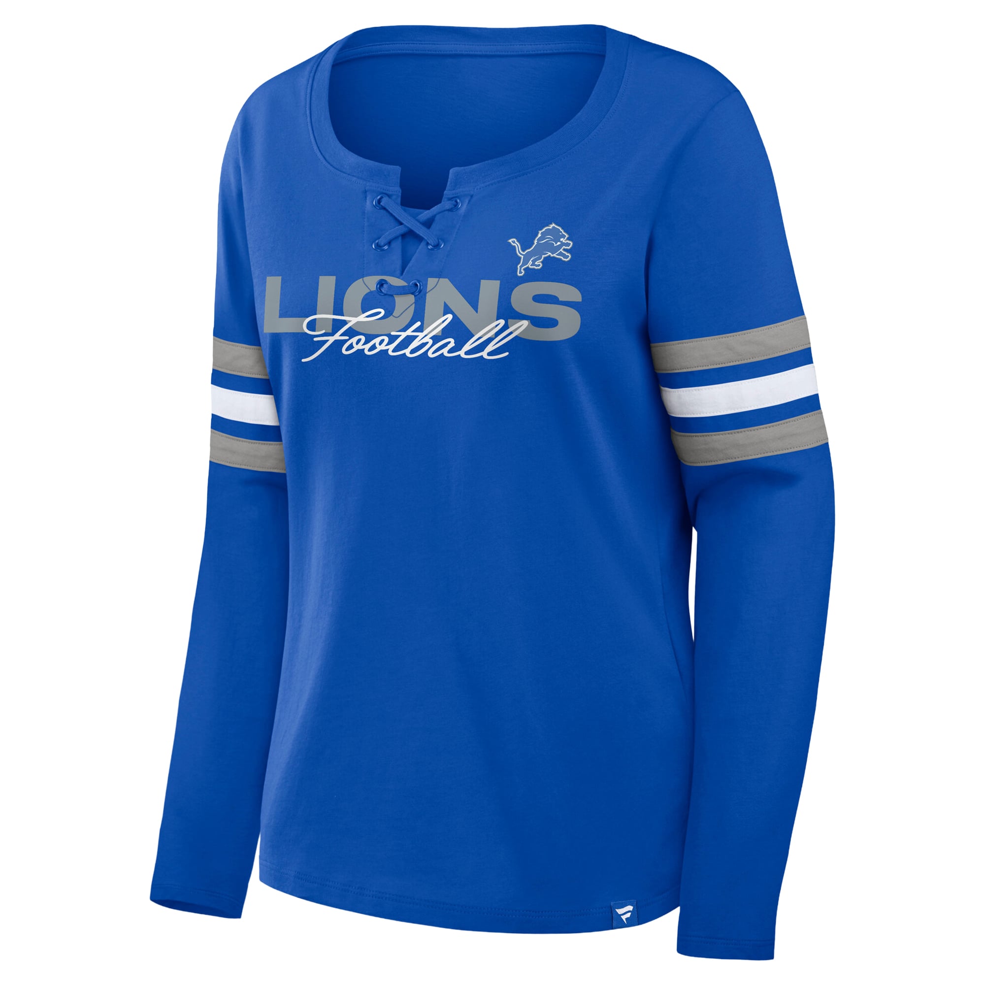 T-shirt à manches longues lacets bleu/gris Detroit Lions pour femmes, grandes tailles, coupe couvrante, de la marque Fanatics.