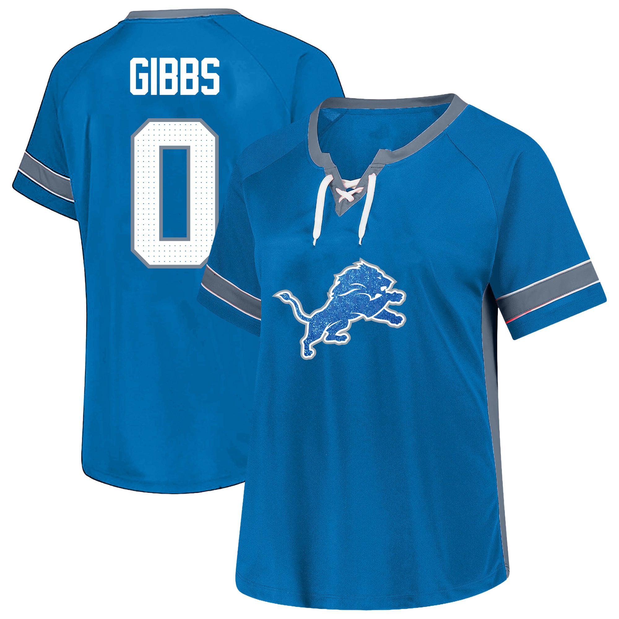 T-shirt Fanatics Jahmyr Gibbs bleu Detroit Lions grande taille pour femme, avec nom et numéro en dentelle strass.