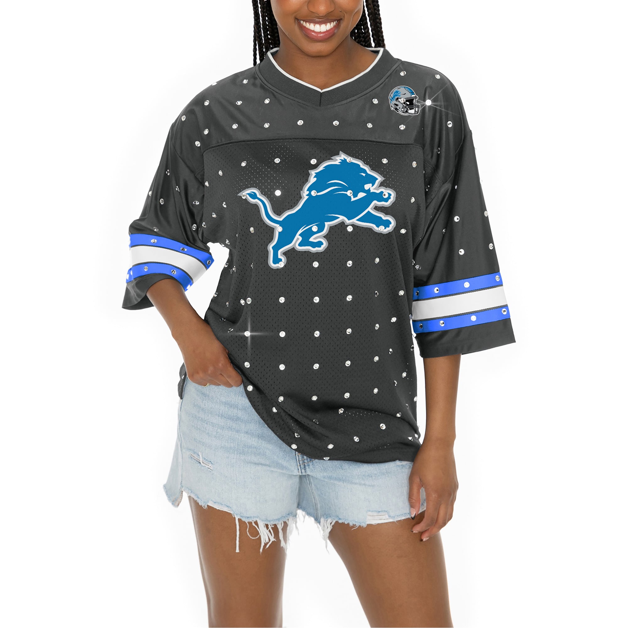 Women's Gameday Couture Anthracite Detroit Lions Kickoff Time Allover Rhinestone Sports Stripe Jersey V-Neck T-Shirt