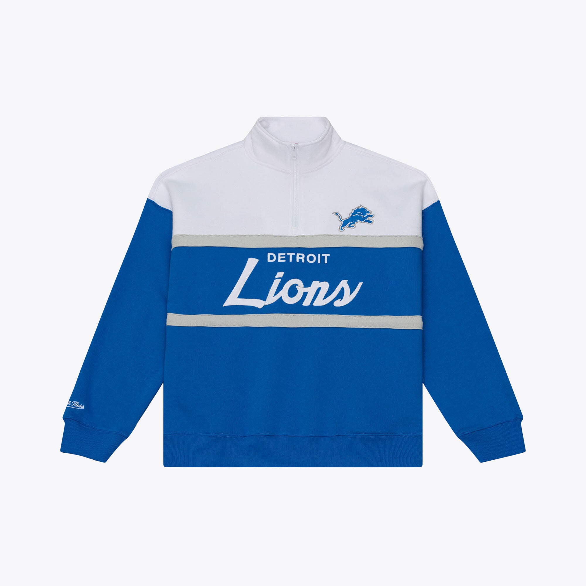 Pull à col zippé Mitchell & Ness bleu Detroit Lions pour femme