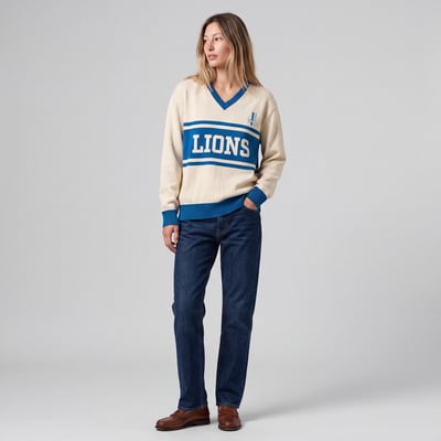 Detroit Lions Mitchell & Ness Women's Retro Roots V-Neck Sweater - Cream/Blue