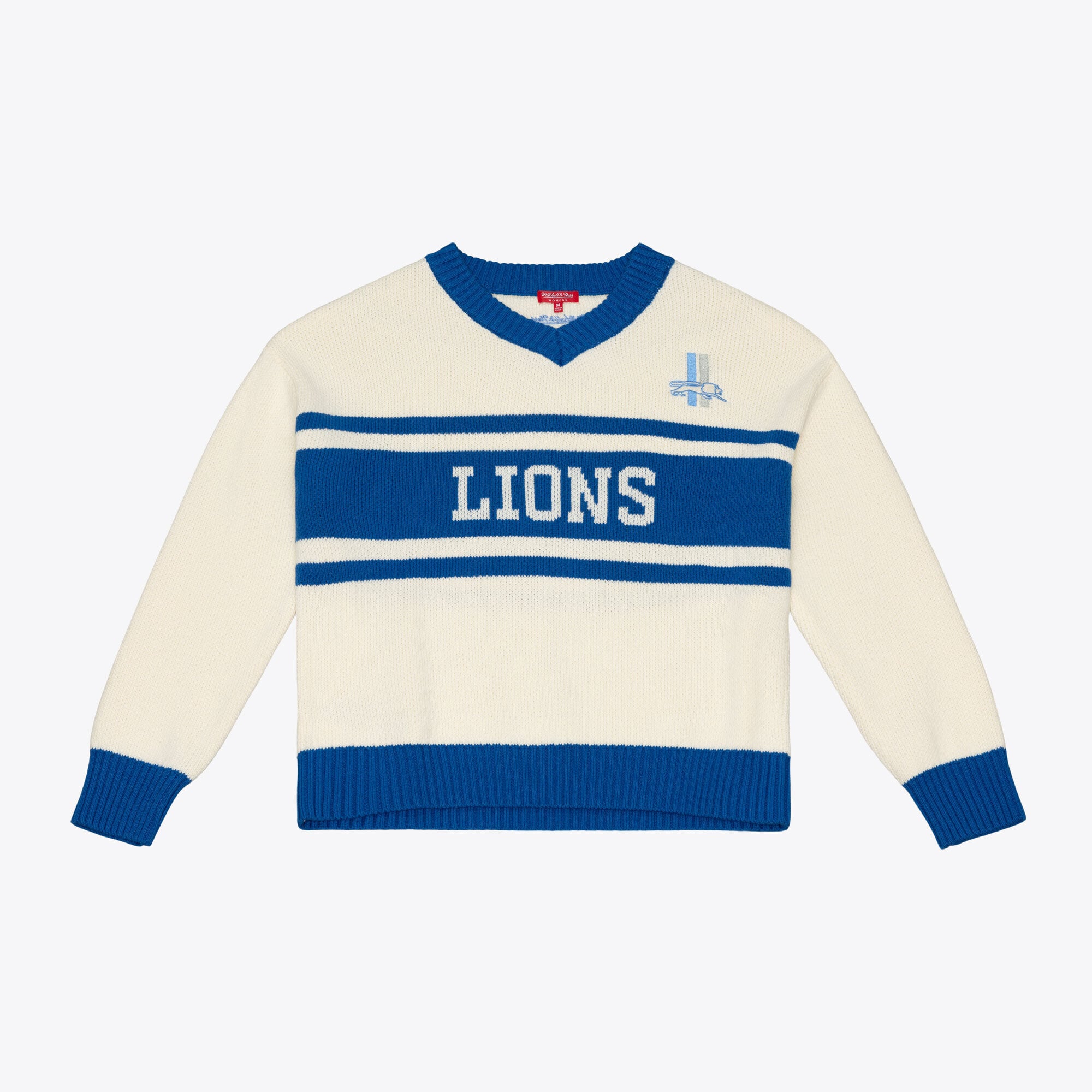 Pull col V Mitchell & Ness crème/bleu Detroit Lions Retro Roots pour femme