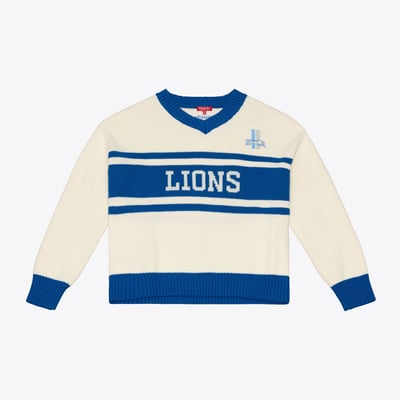Detroit Lions Mitchell & Ness Women's Retro Roots V-Neck Sweater - Cream/Blue
